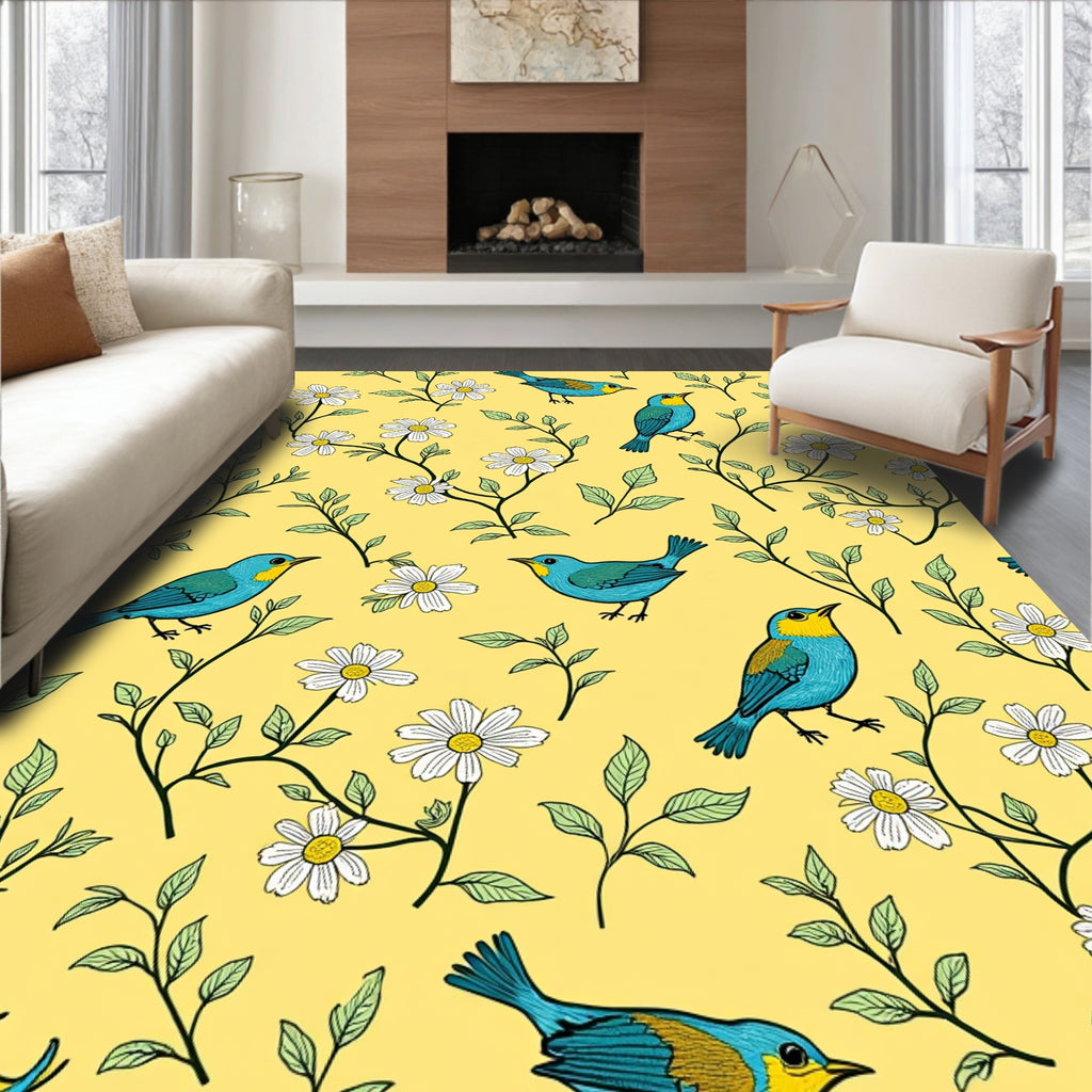 Whimsical Blue Birds Daisy Pattern Rug