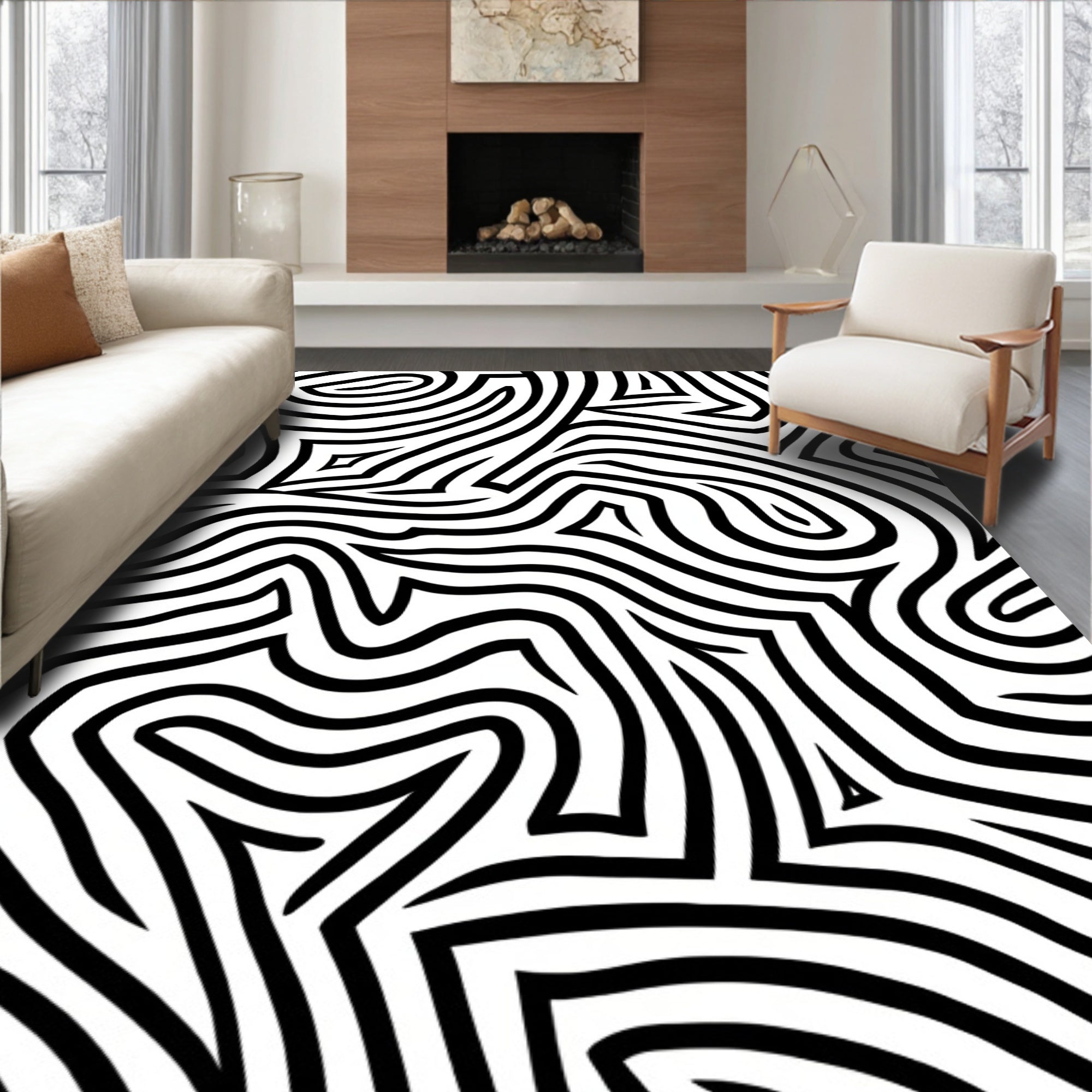Abstract Black White Maze Pattern Rug