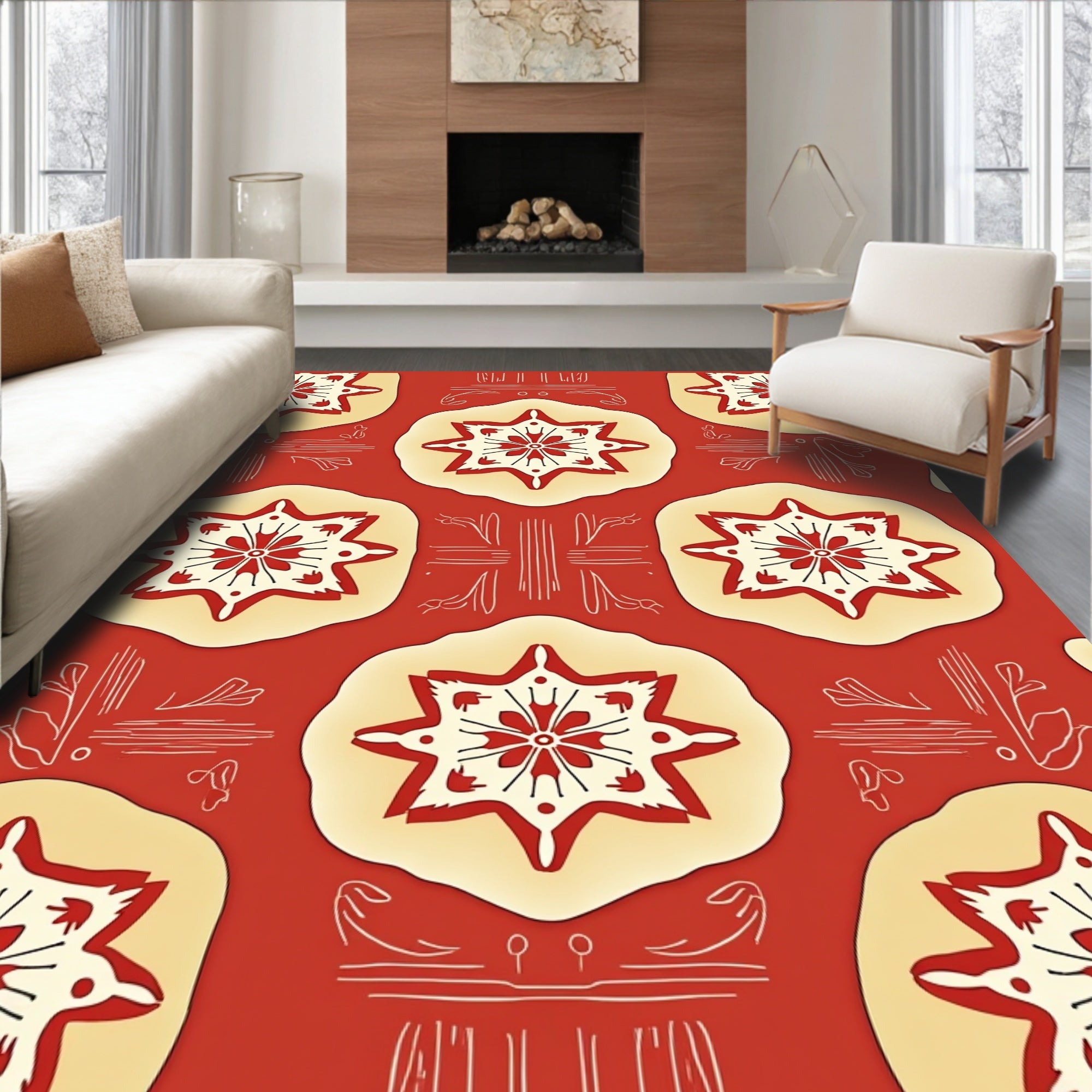 Red Starburst Floral Pattern Design Rug