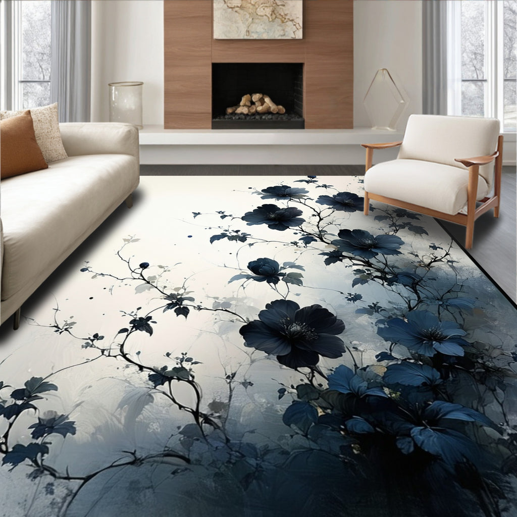 Dark Floral Vine Painting Style Rug