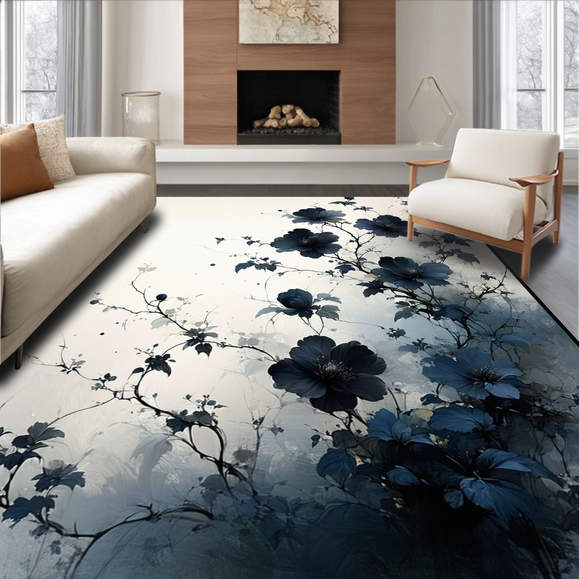Dark Floral Vine Painting Style Rug
