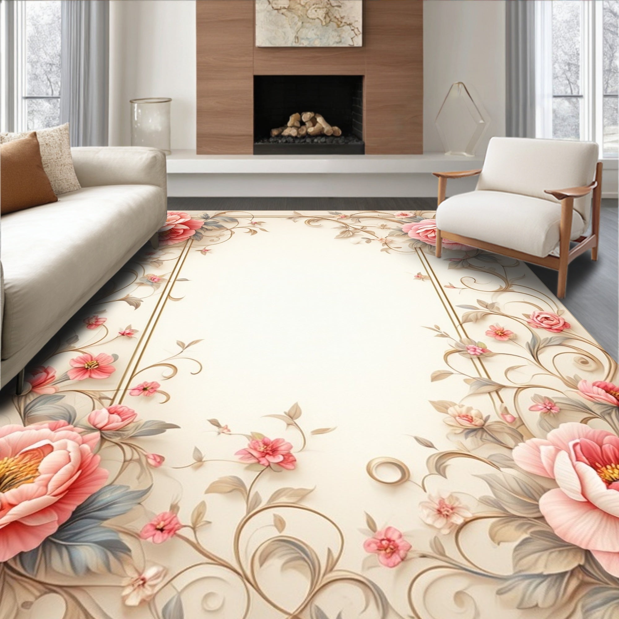 Soft Pink Floral Vine Pattern Rug