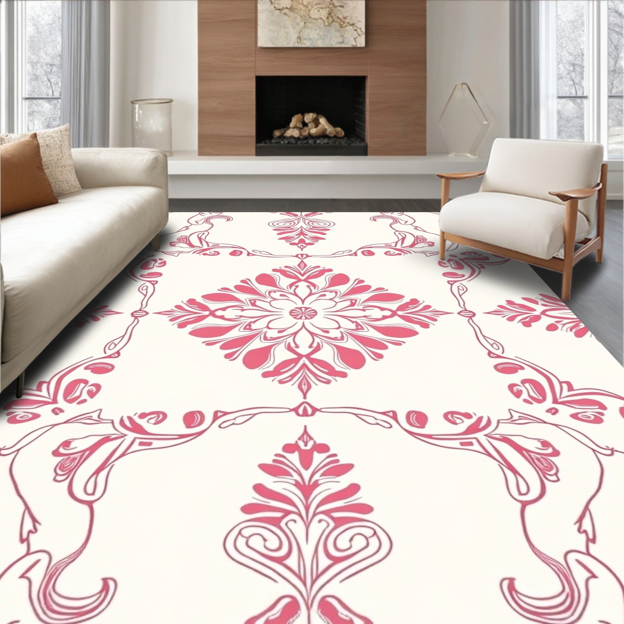 Classic Pink Floral Damask Rug