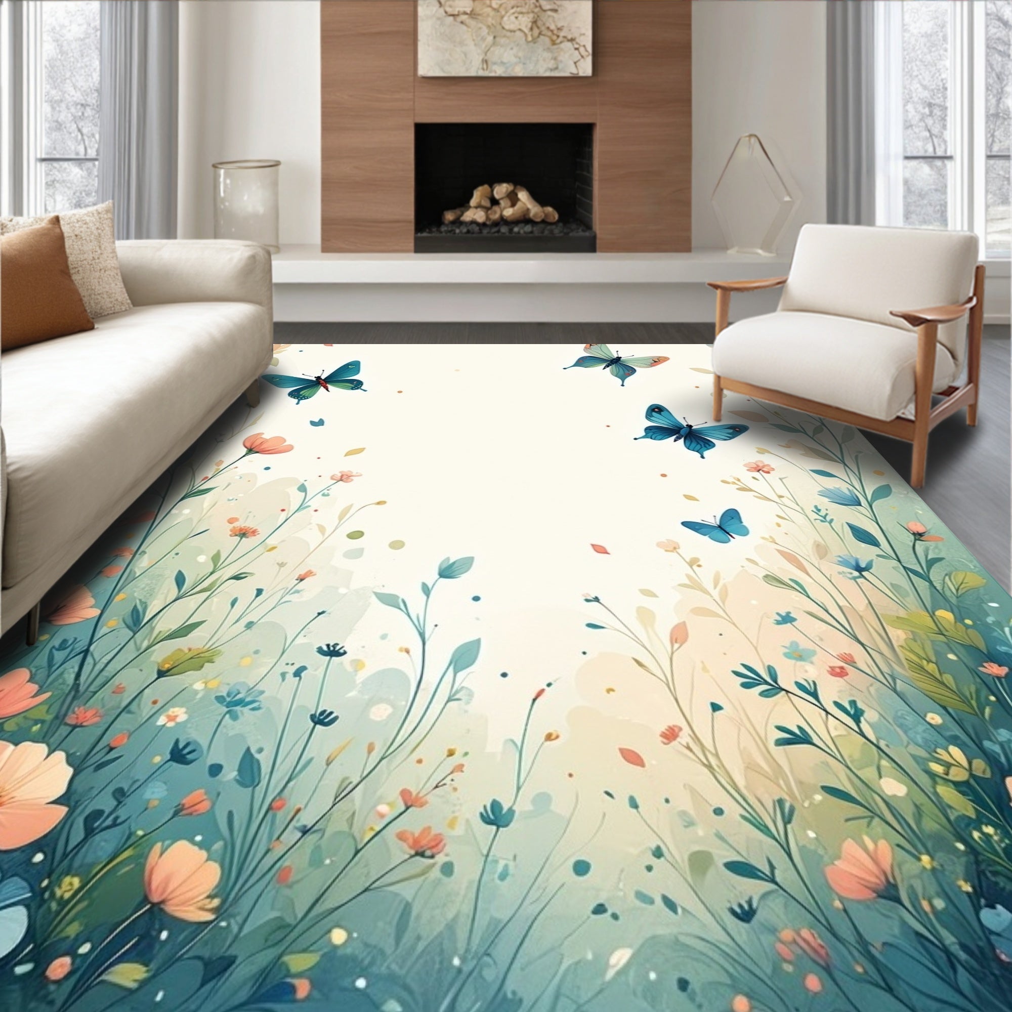 Whimsical Butterflies Floral Garden Design Rug