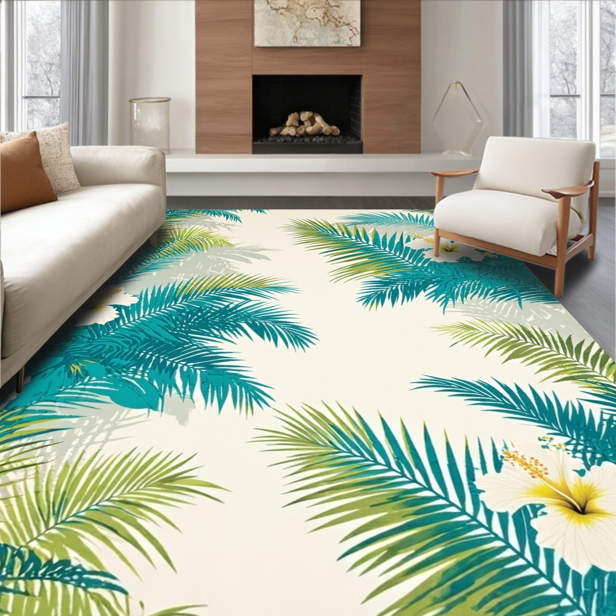 Tropical Floral Leaf Pattern Rug