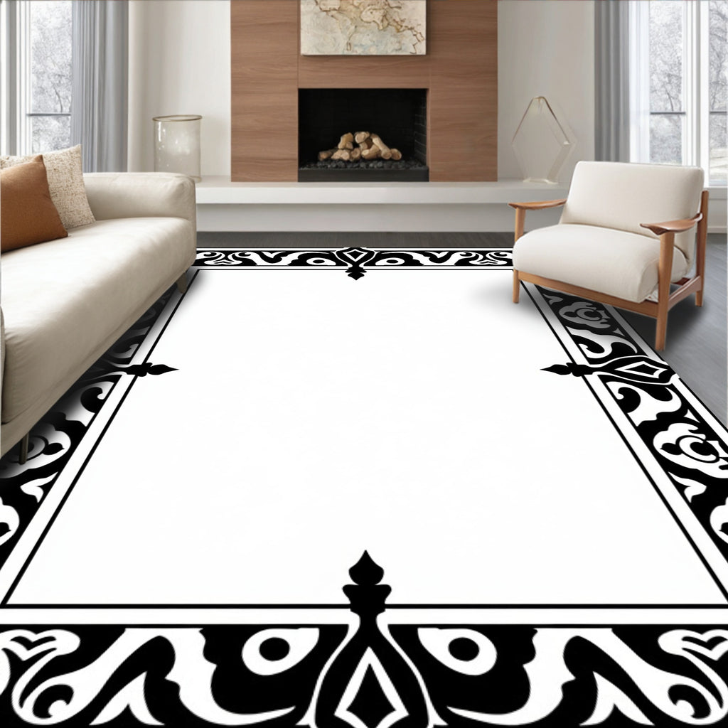 Ornate Black White Classic Border Design Rug