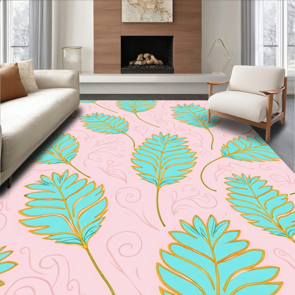 Aqua Leaf Pattern on Light Pink Background Rug