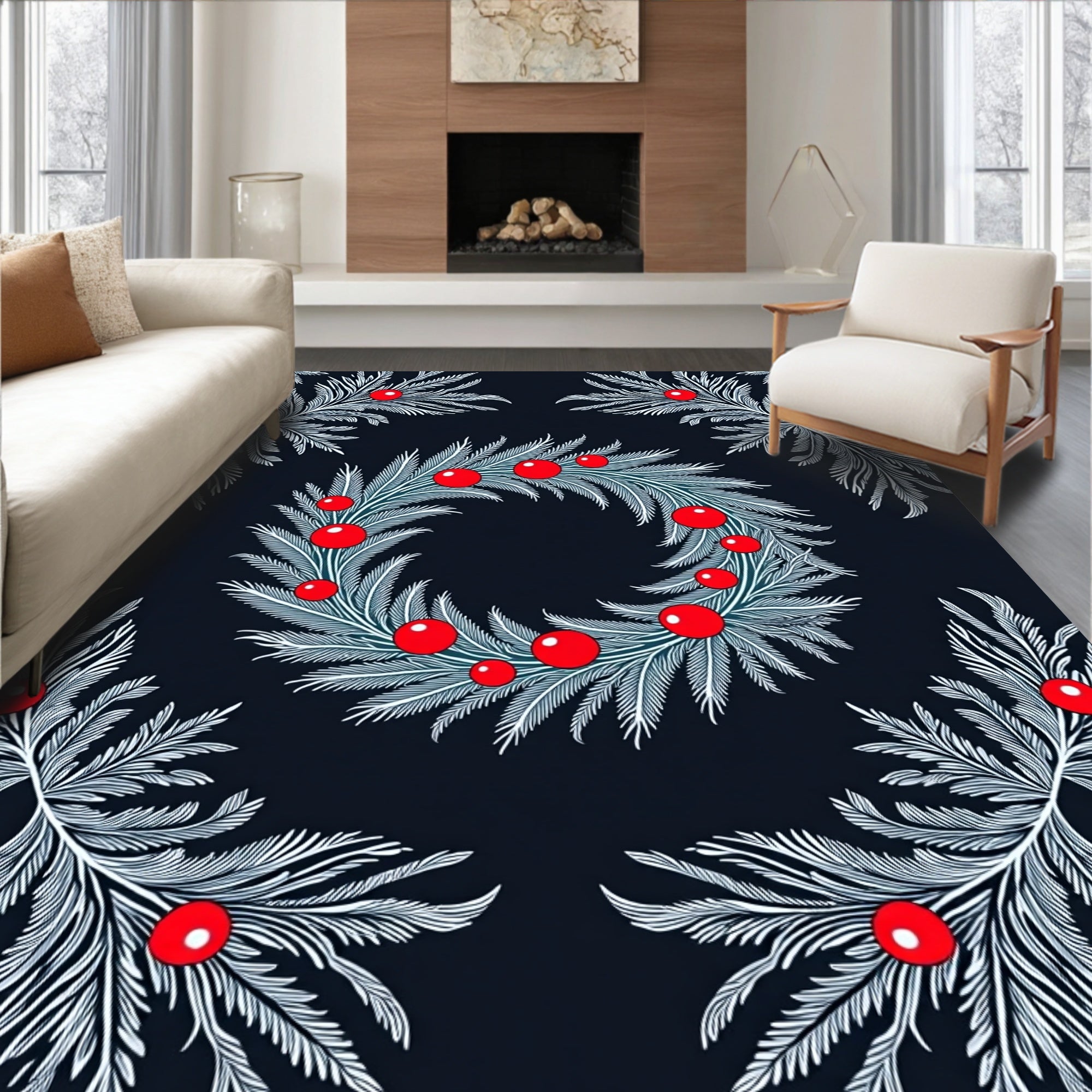 Festive Teal White Holly Berry Wreath Rug