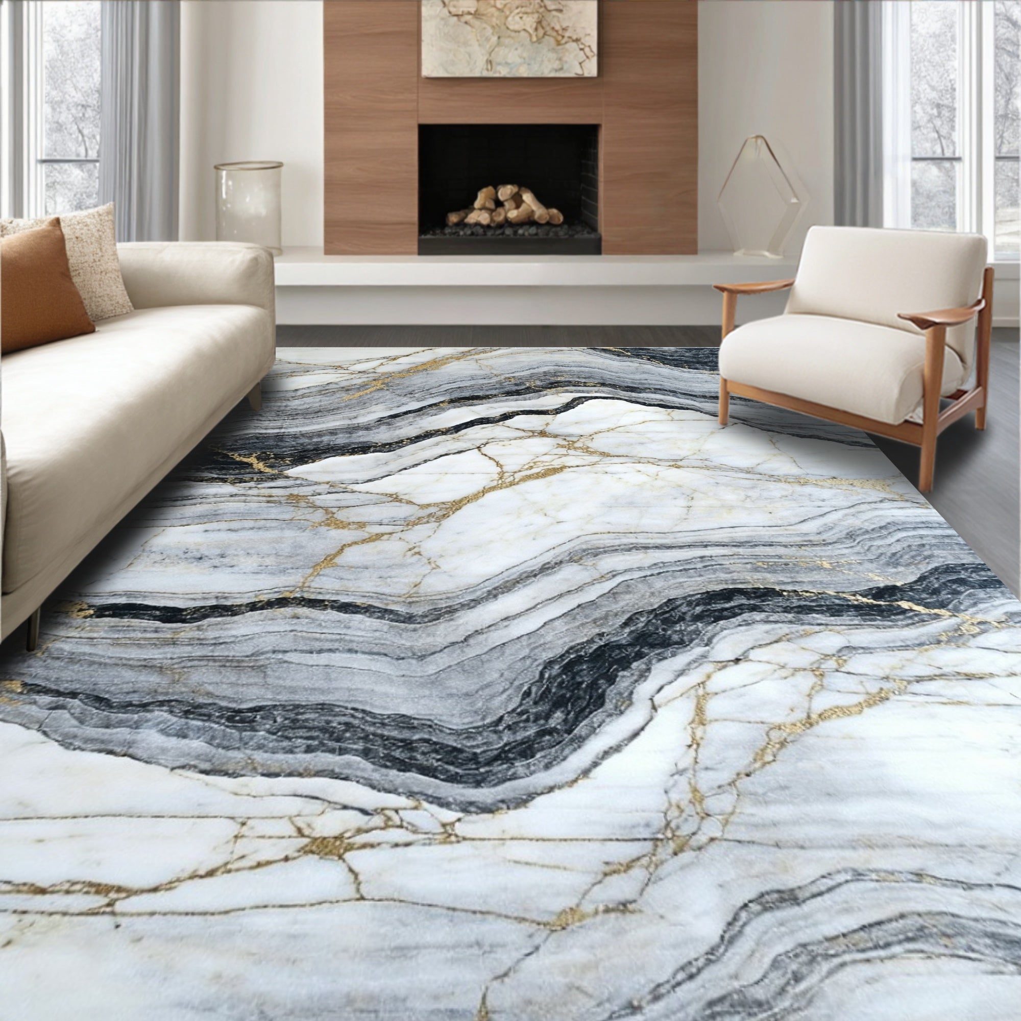 Gold Streaked Marble Pattern Rug