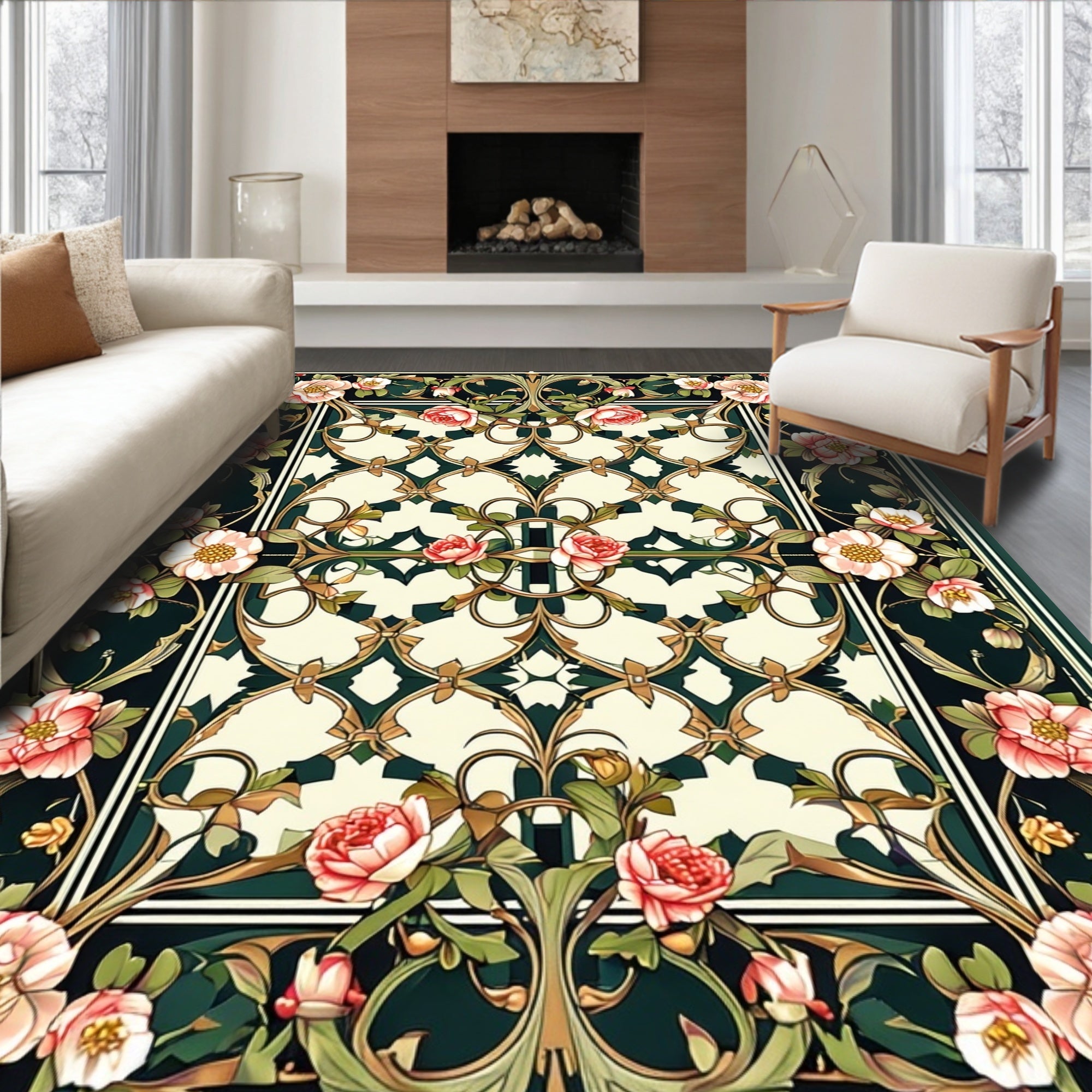 Floral Garden Damask Pattern Rug