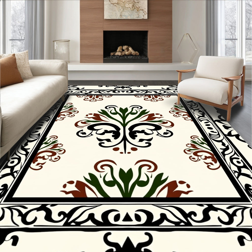 Ornate Black Green Brown Floral Rug