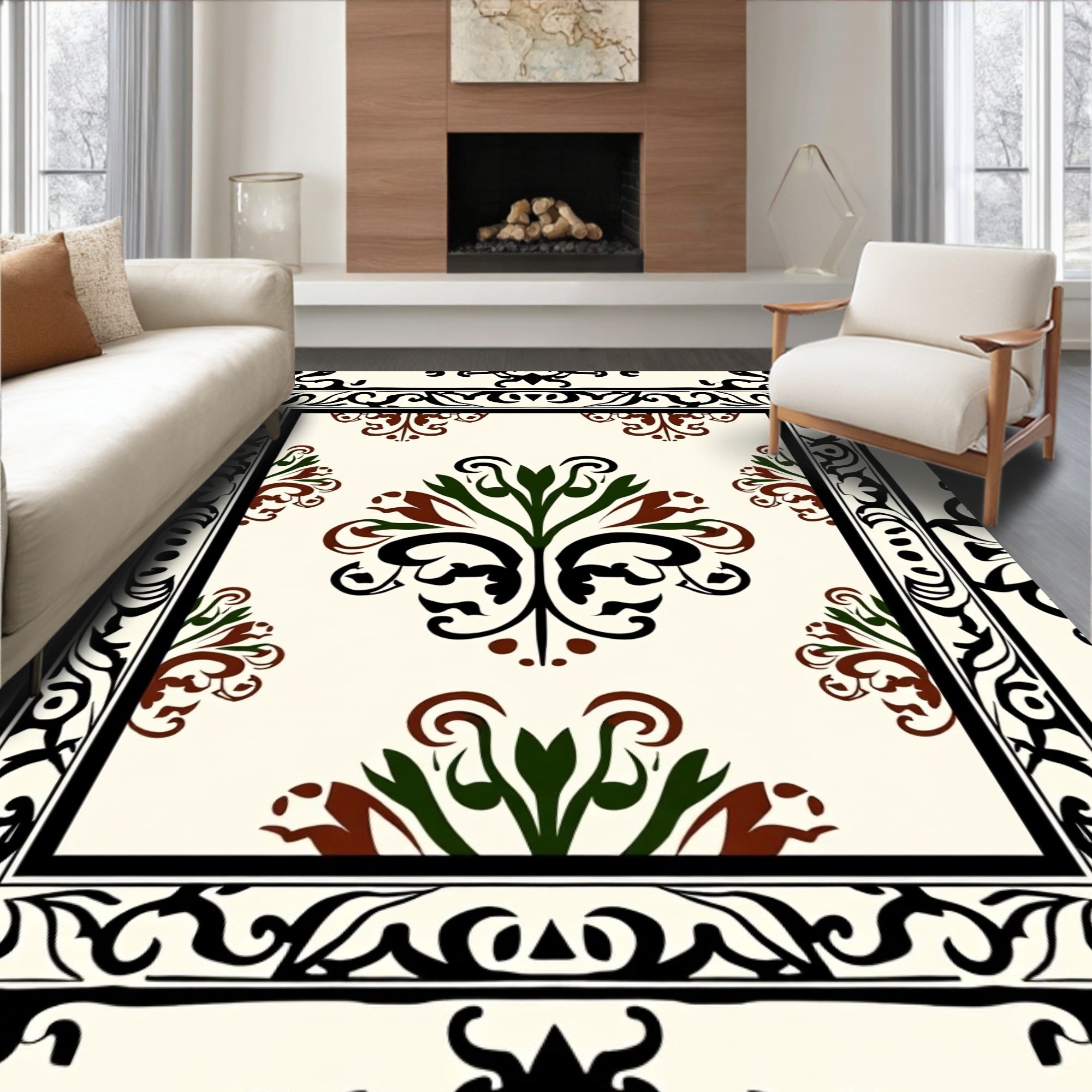 Ornate Black Green Brown Floral Rug