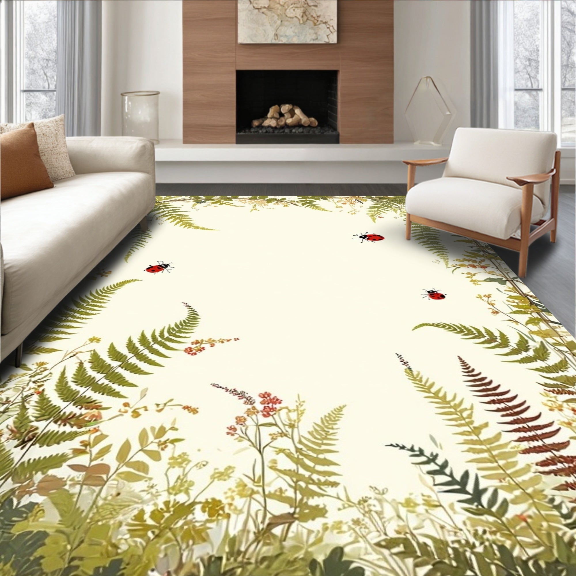 Whimsical Ladybug Fern Border Design Rug