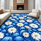 White Daisy Floral Blue Background Rug