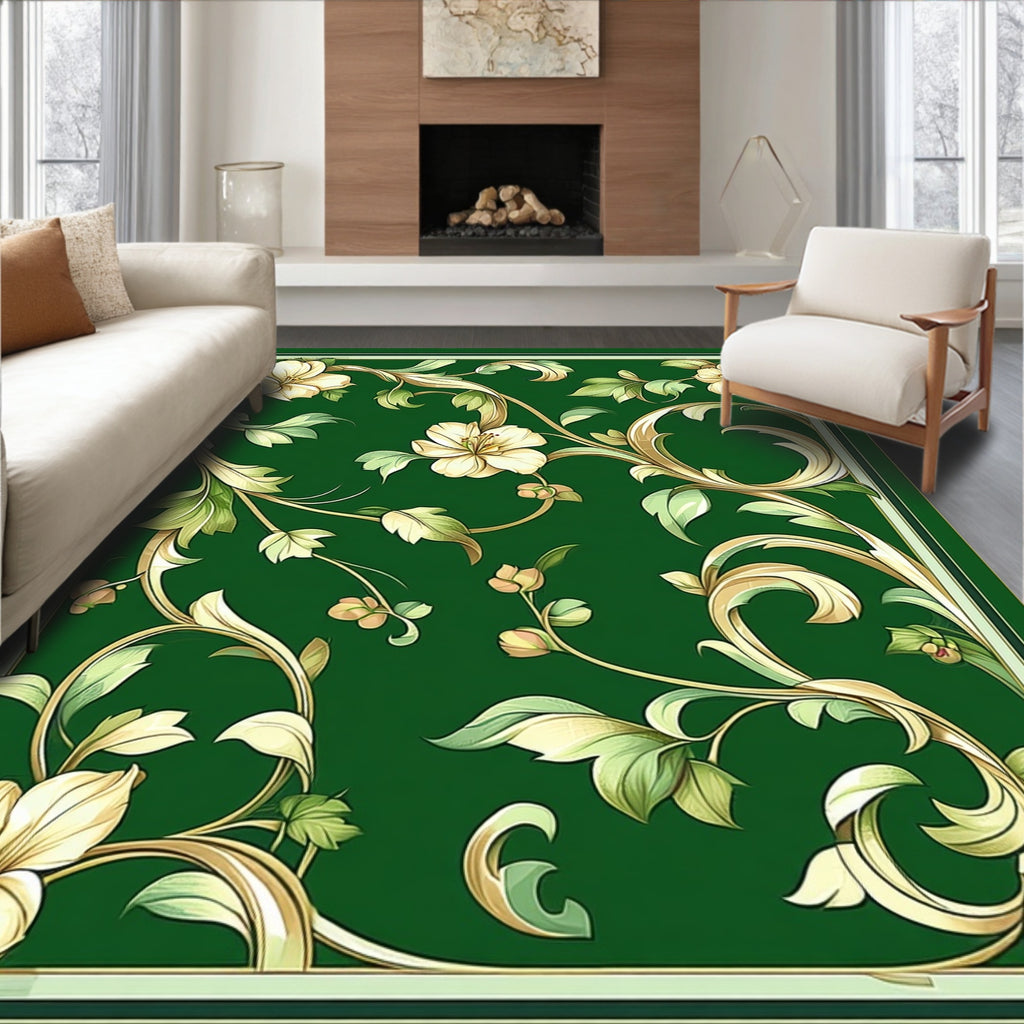 Ornate Floral Vines Emerald Green Design Rug