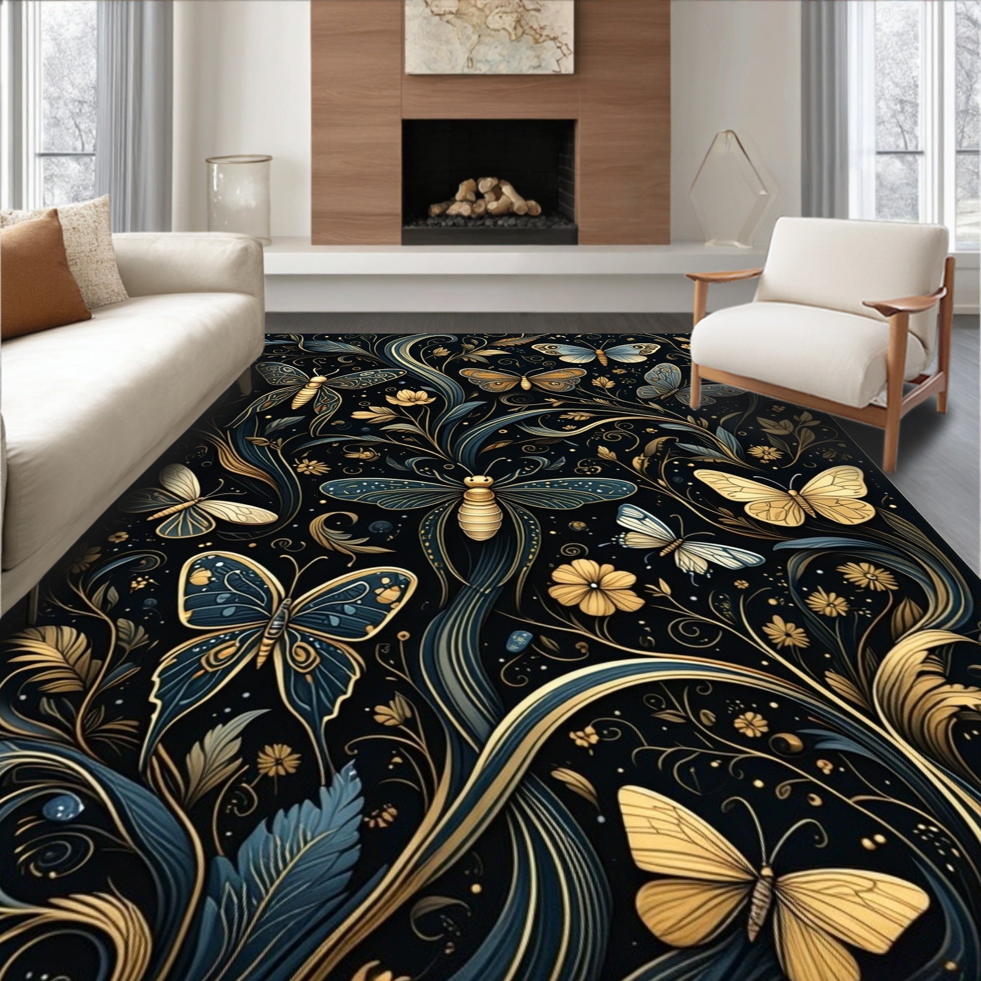 Dark Emerald Gold Butterfly Floral Design Rug