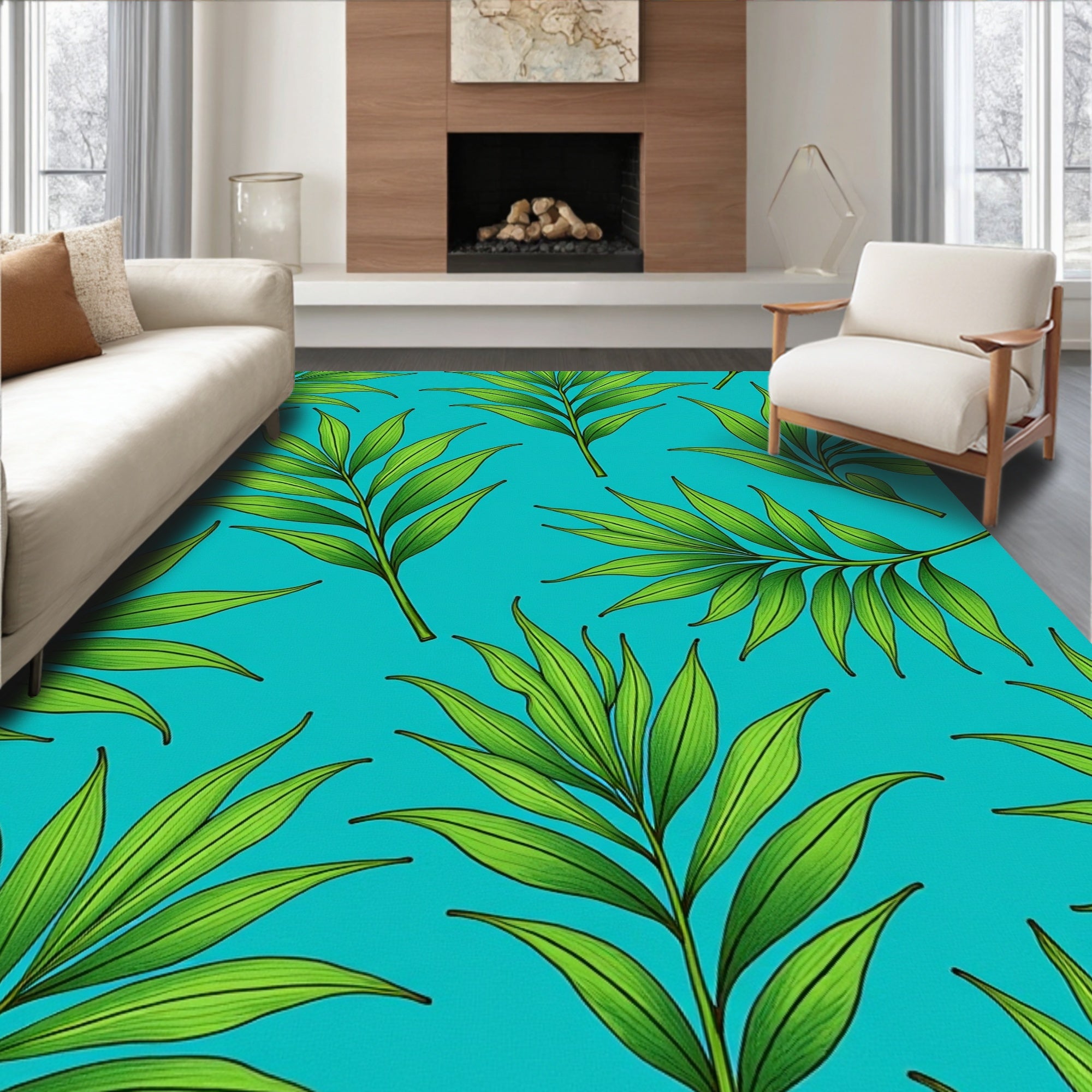 Lush Green Tropical Foliage Rug