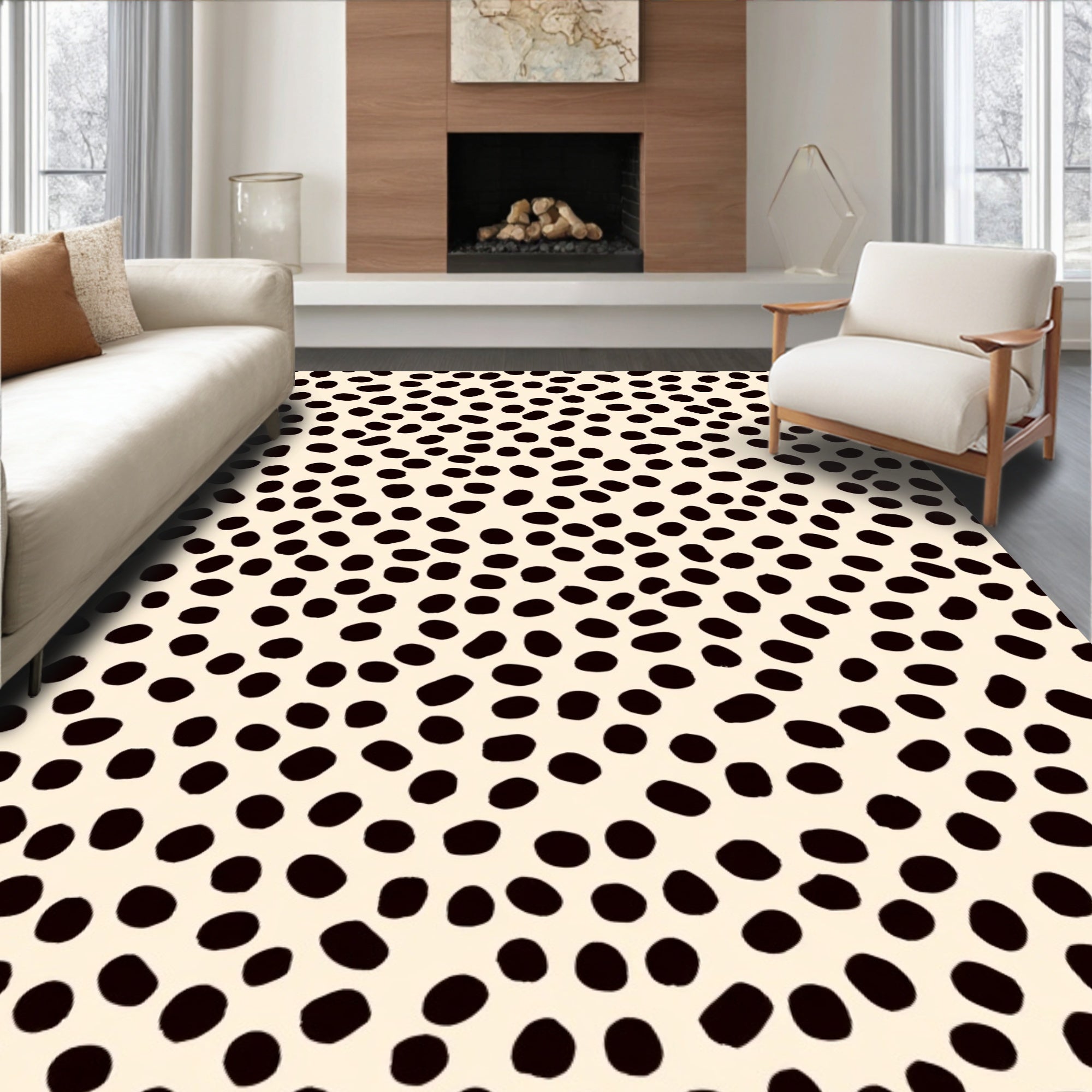 Spotted Patterned Ivory Black Rug