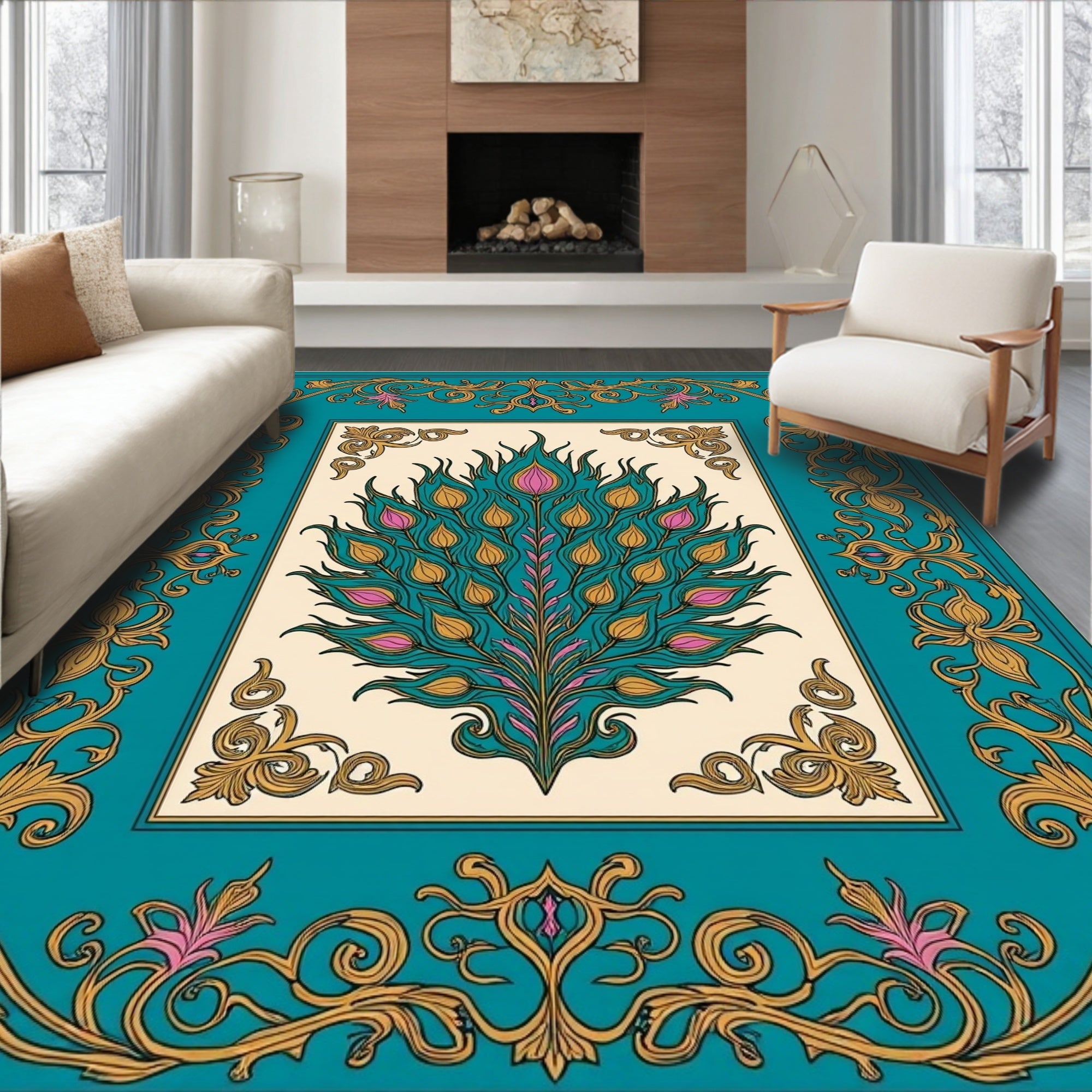 Ornate Teal Gold Peacock Feather Design Rug