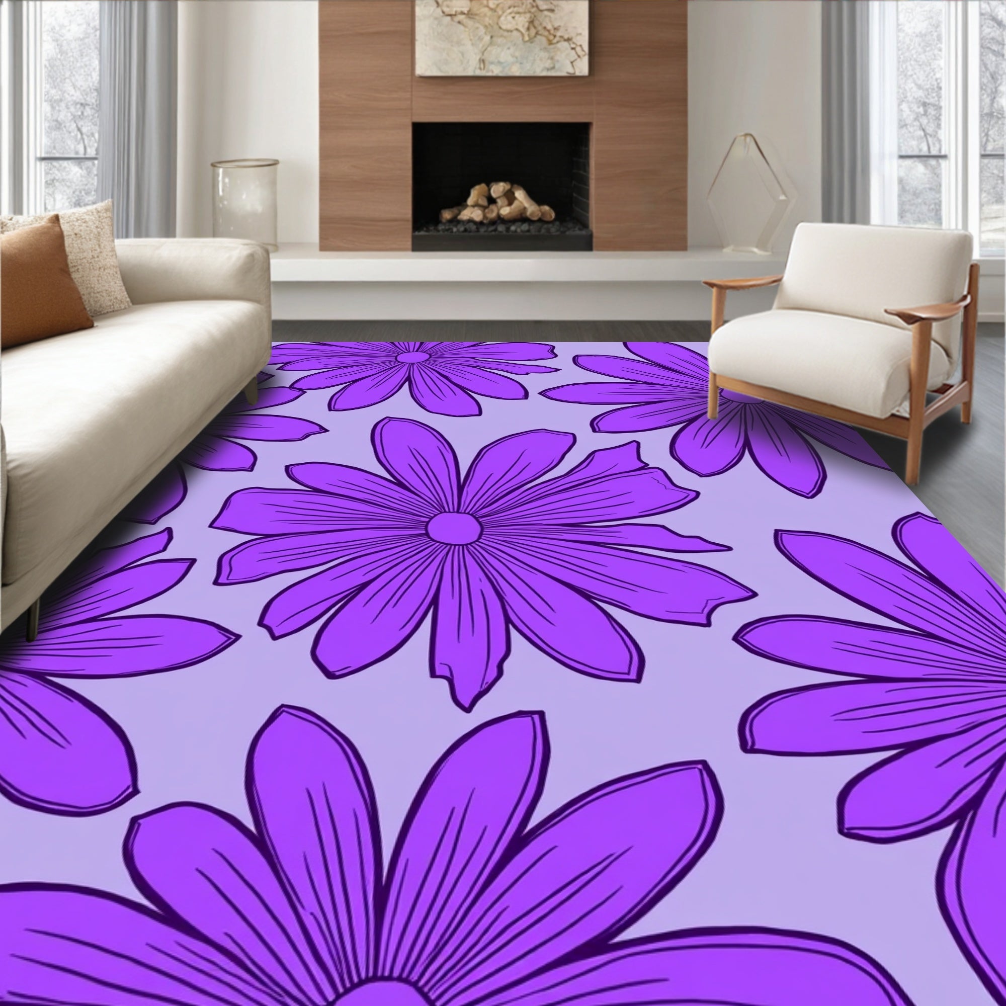 Purple Daisy Outline Graphic Pattern Rug