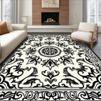 Elegant Black Ivory Damask Pattern Rug
