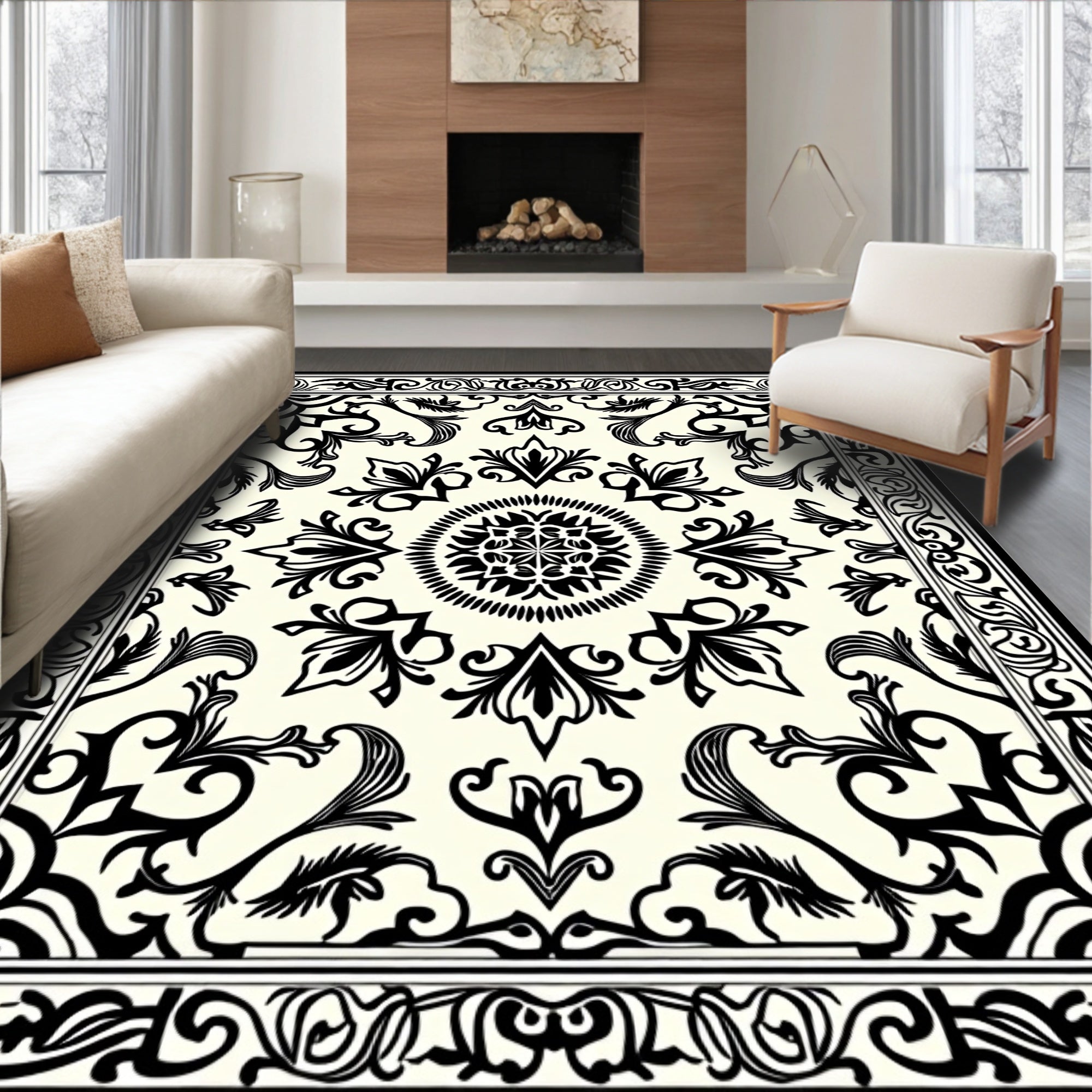 Elegant Black Ivory Damask Pattern Rug