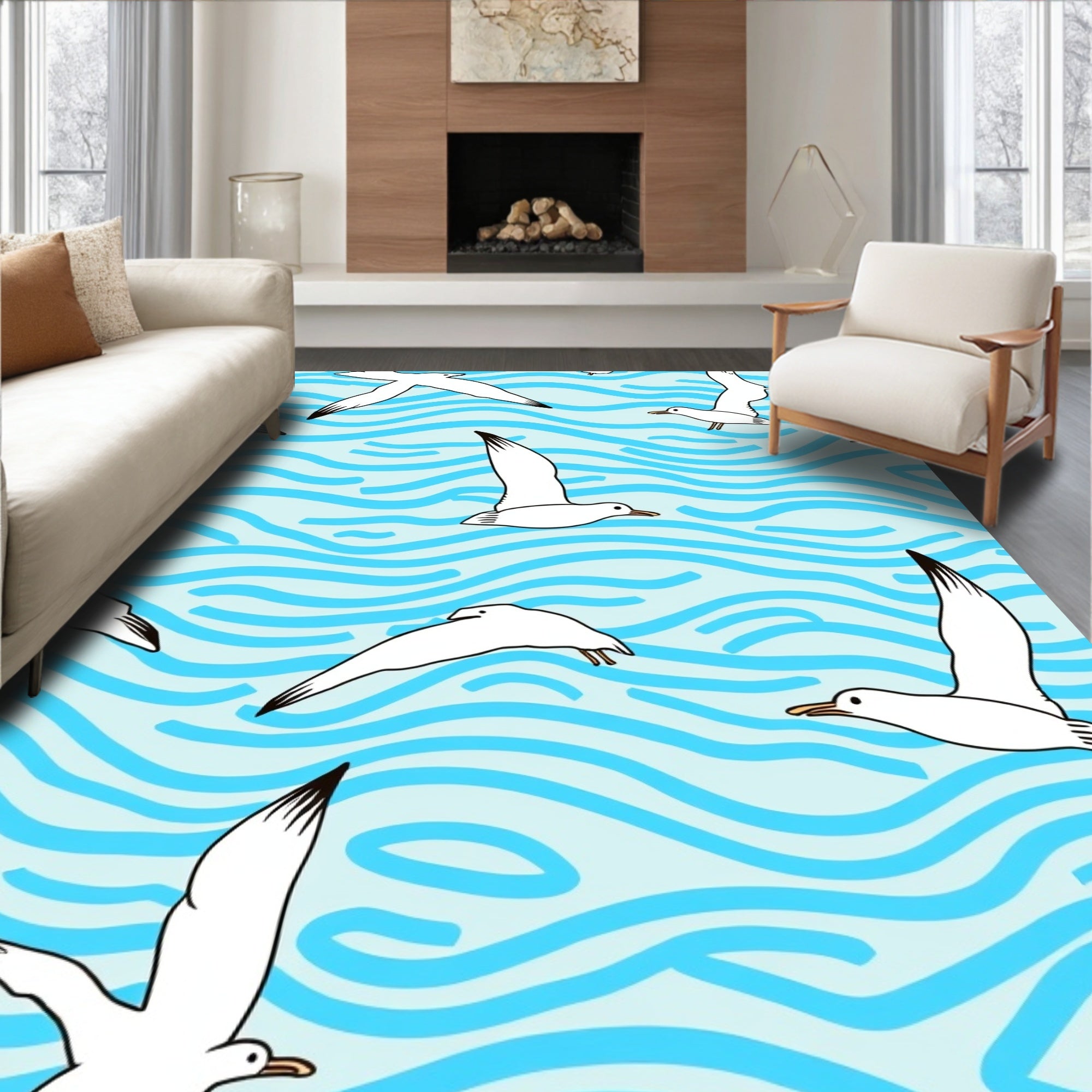 Seagulls Over Blue Wavy Sea Rug