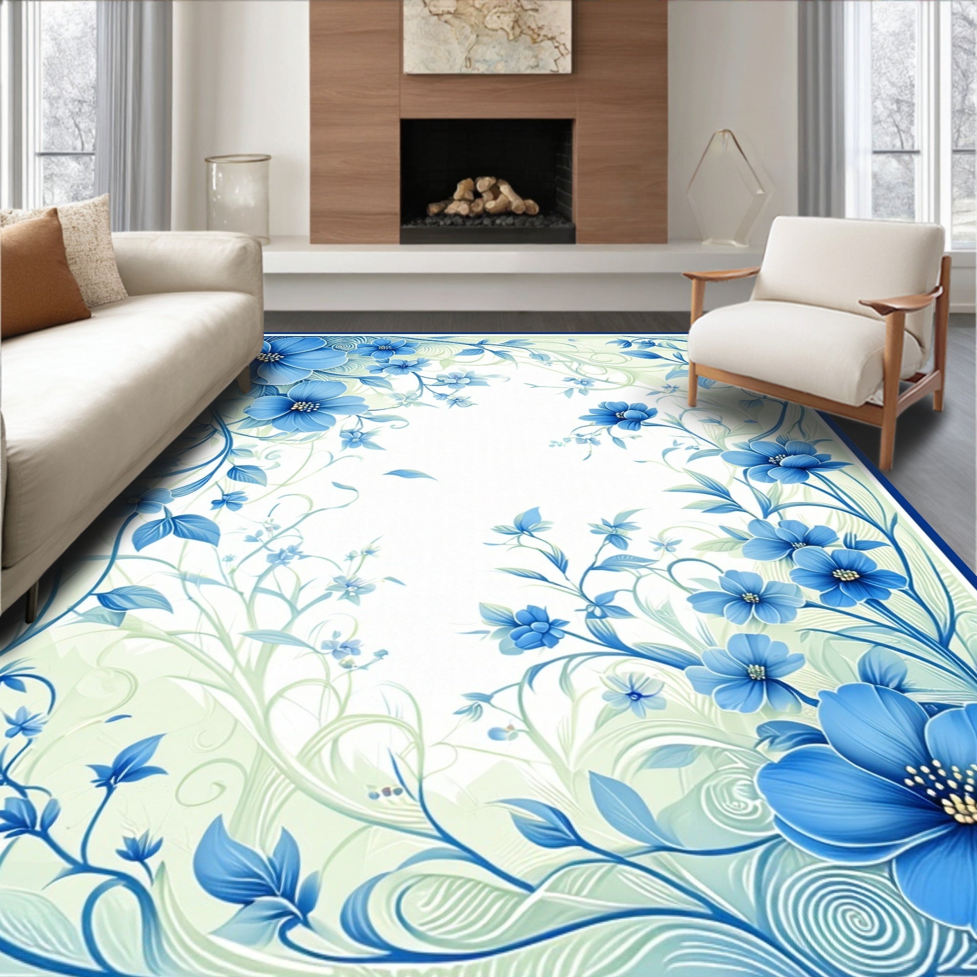 Blue Floral Swirl Border Design Rug