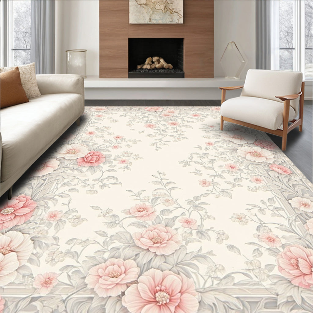 Soft Peaching Floral Vine Border Rug