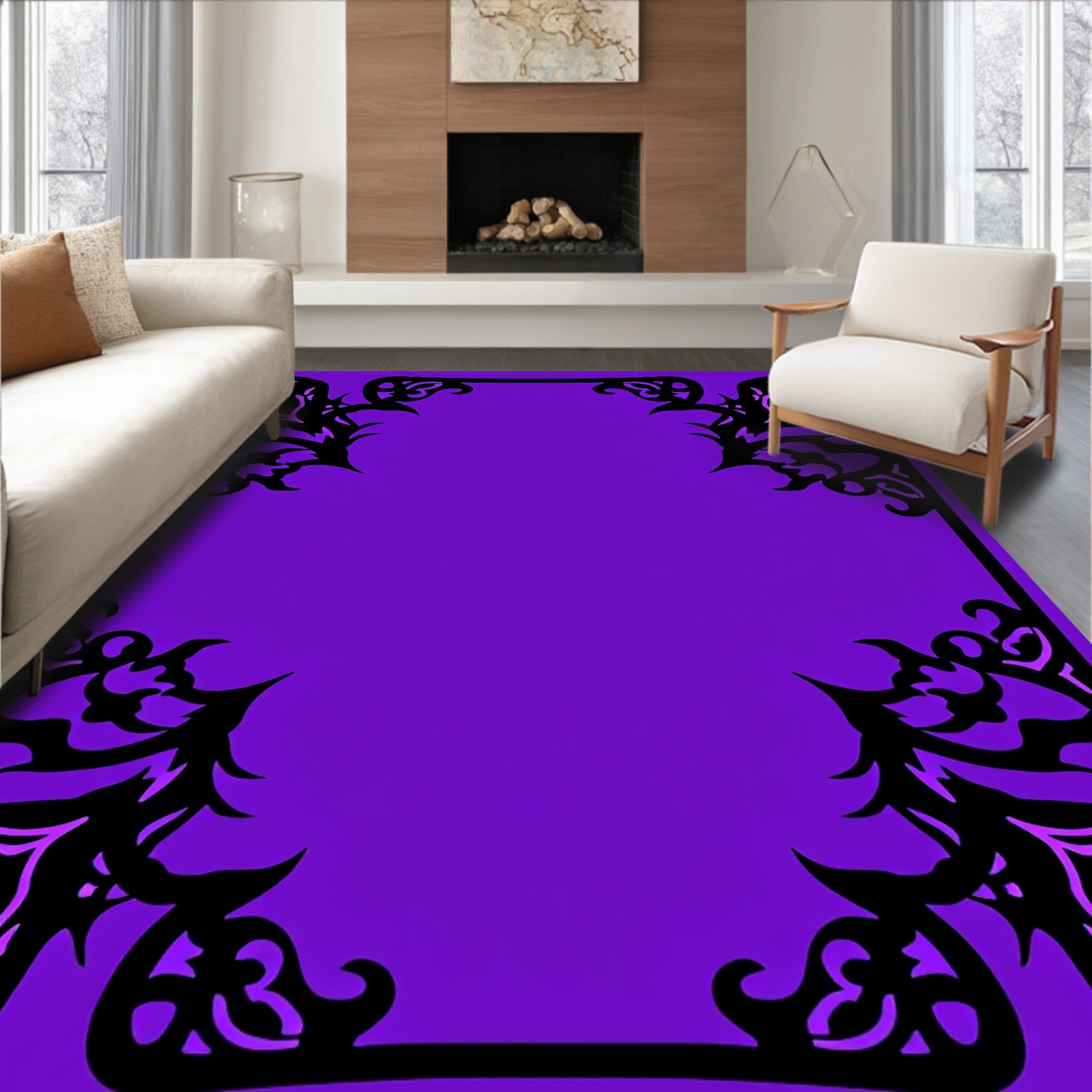 Ornate Black Floral Vine Border Rug