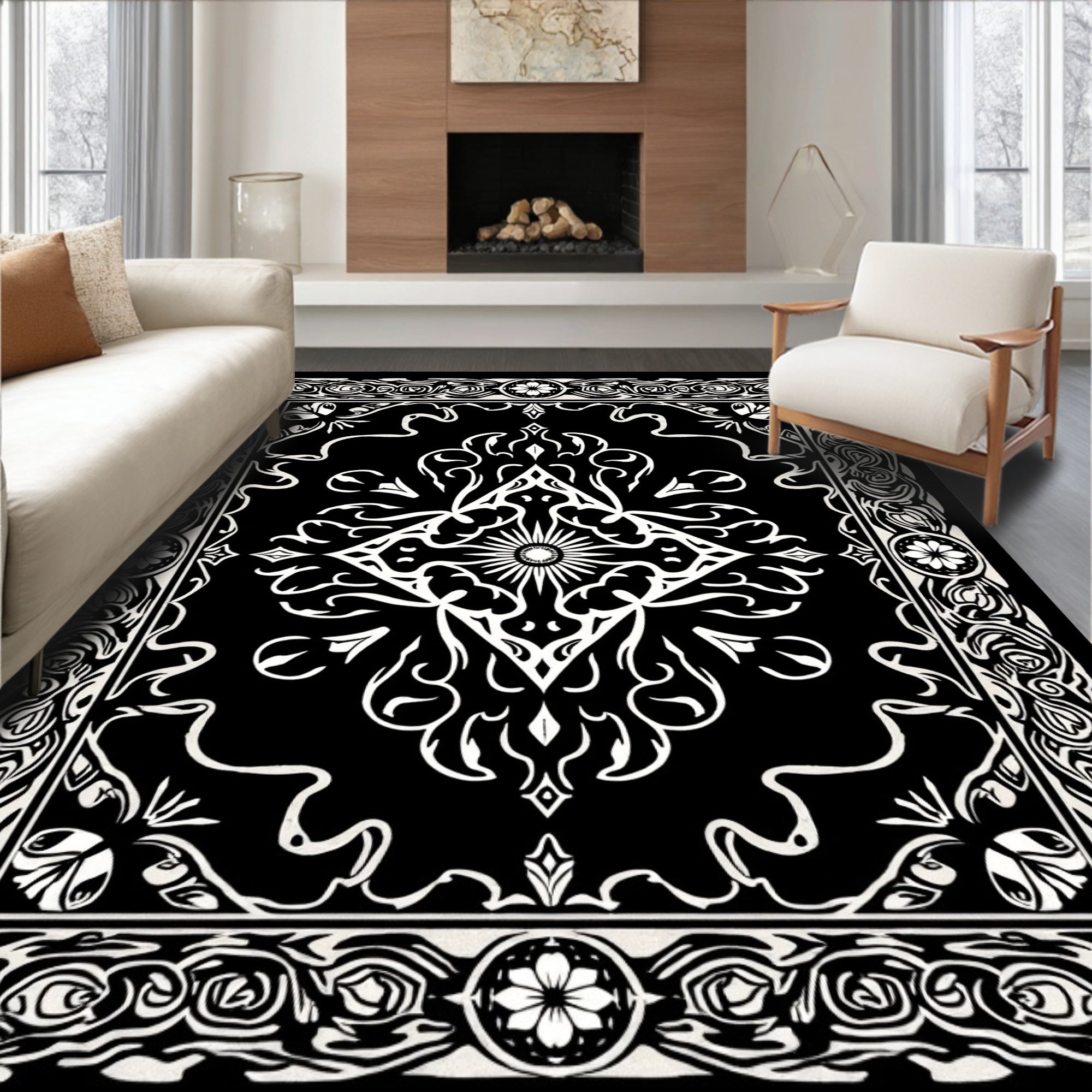 Classic Black White Floral Damask Rug