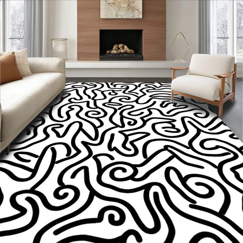 Abstract Black Swirl Lines Pattern Rug