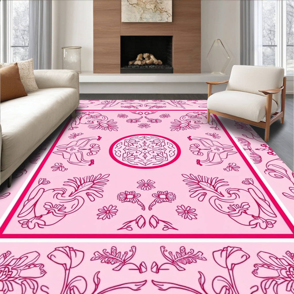 Pink Floral Vine Baroque Pattern Rug