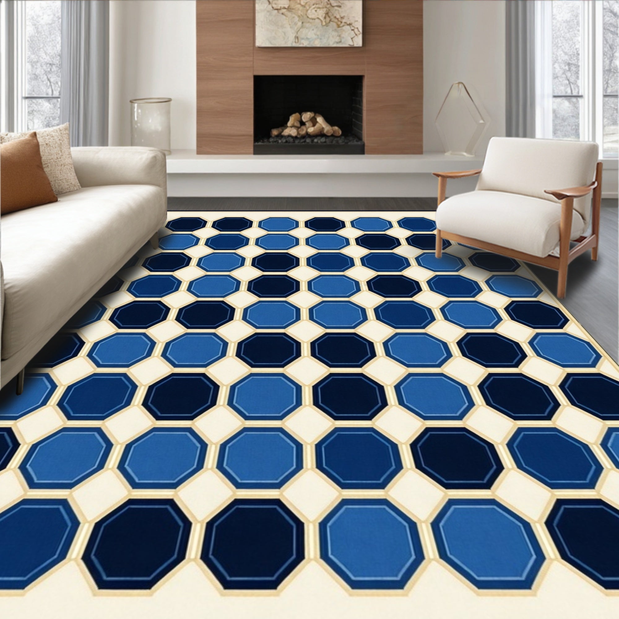 Blue Octagon Contrast Geometric Pattern Rug
