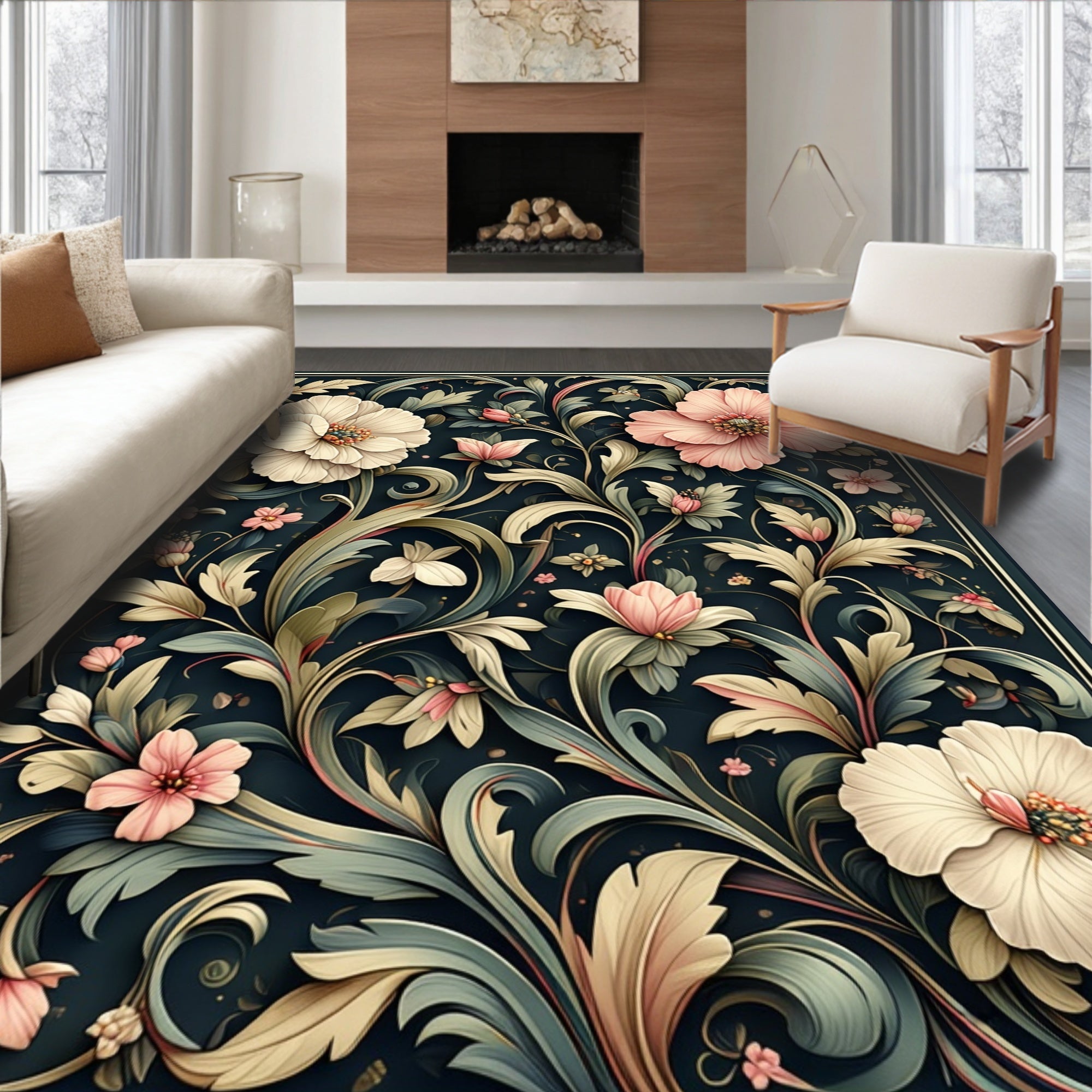 Vintage Floral Scrollwork Patterned Rug
