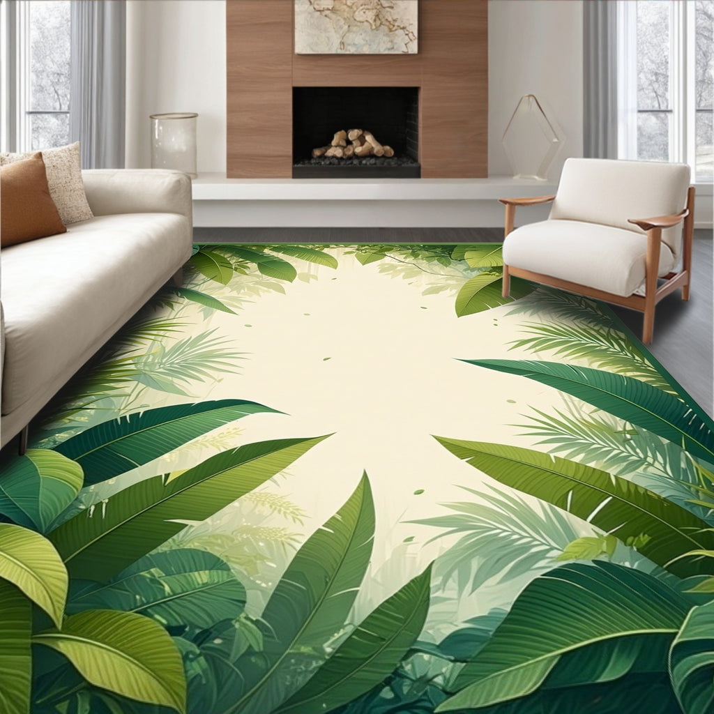 Lush Tropical Jungle Leaf Pattern Rug
