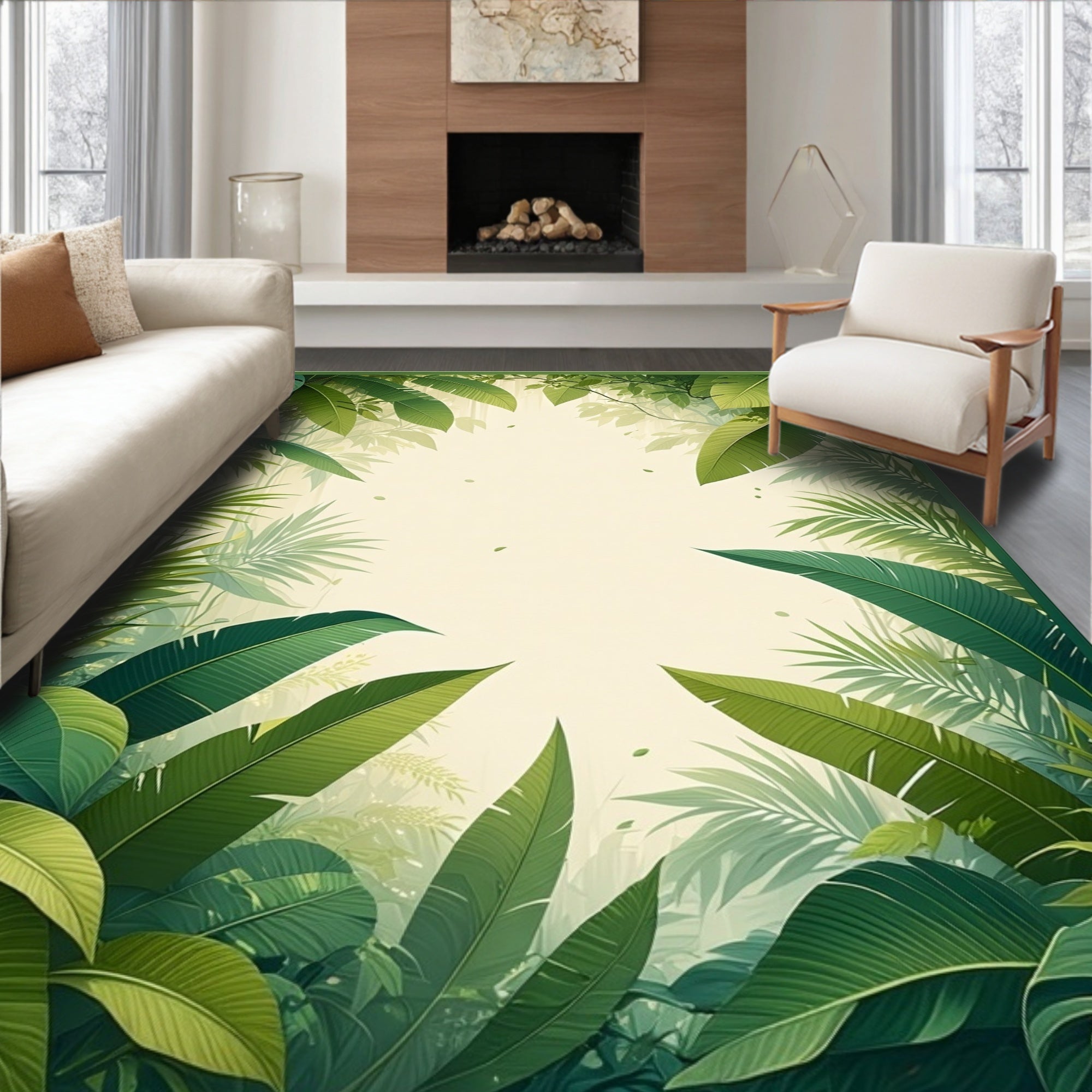 Lush Tropical Jungle Leaf Pattern Rug