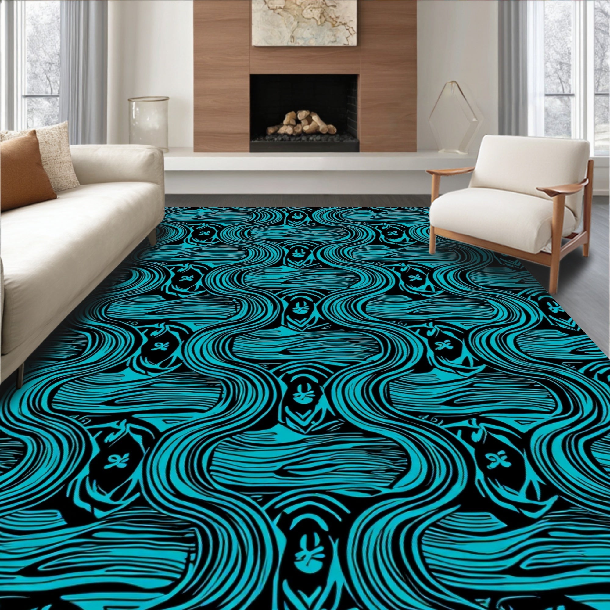 Turquoise Wavy Organic Pattern Rug