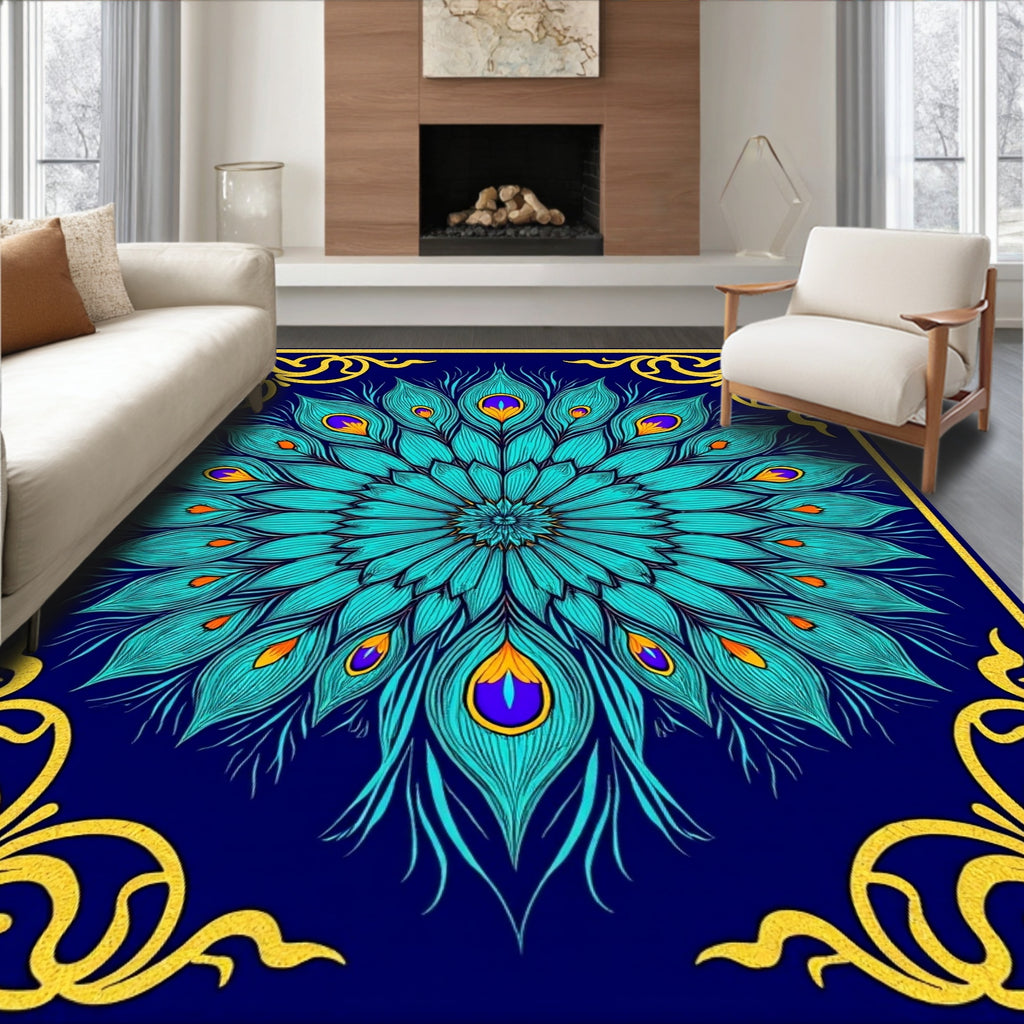 Turquoise Peacock Feather Mandala Rug