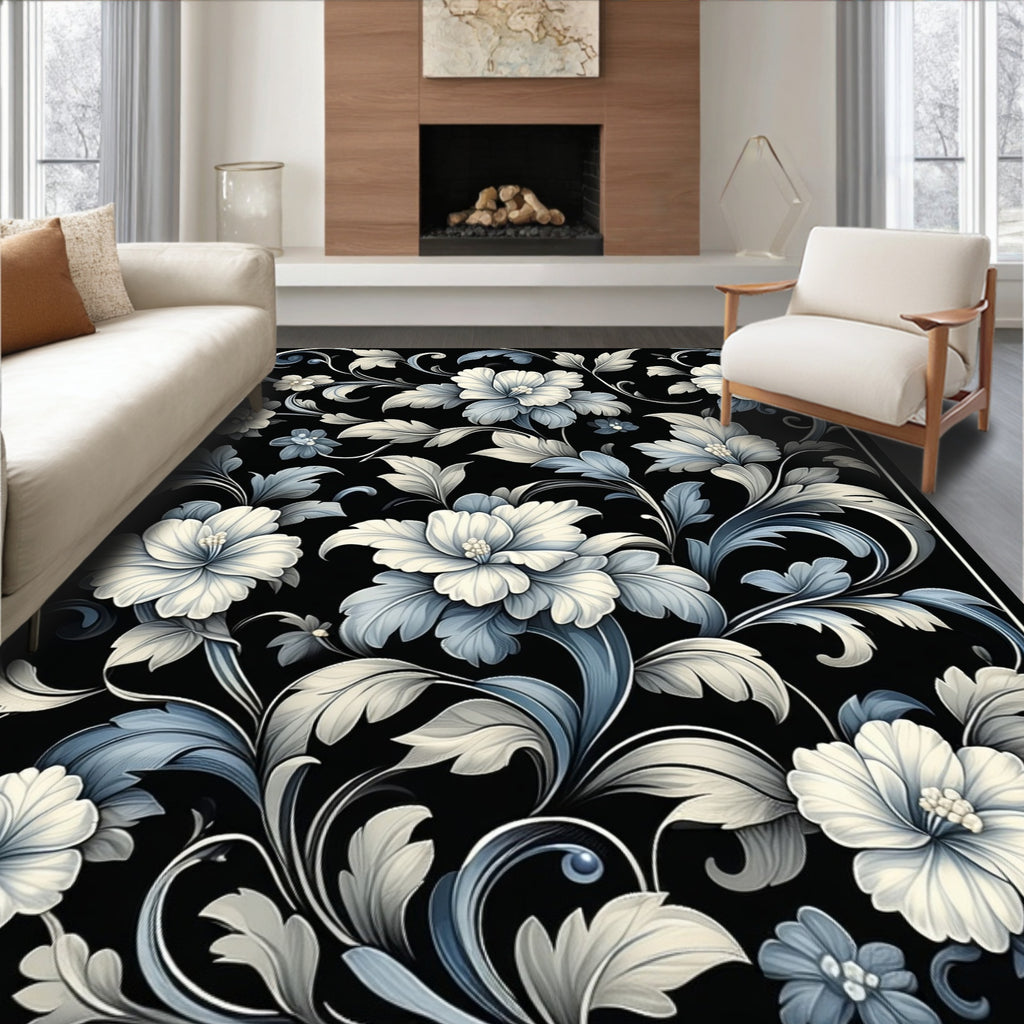 Black White Floral Art Nouveau Rug