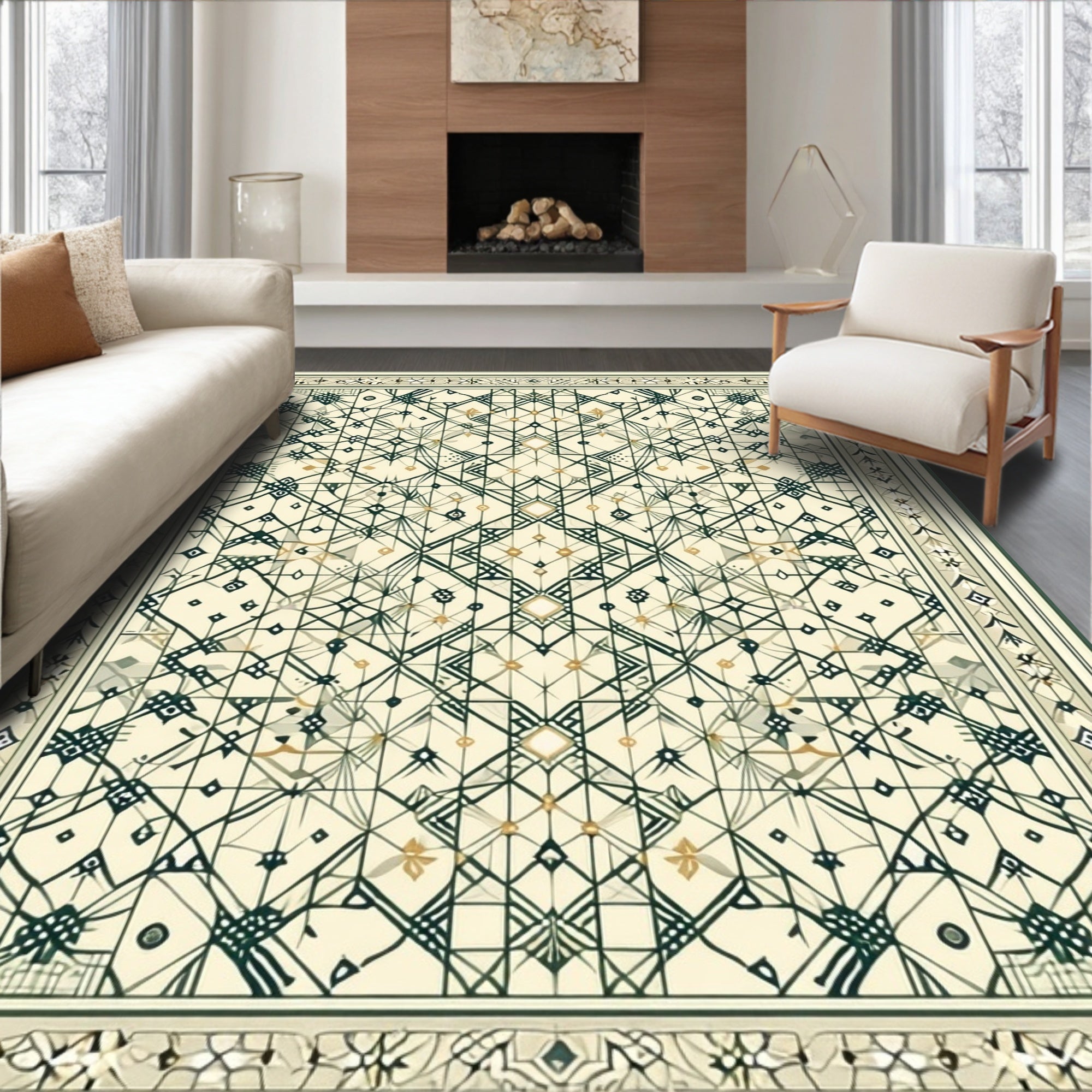 Detailed Geometric Patterned Cream Rug