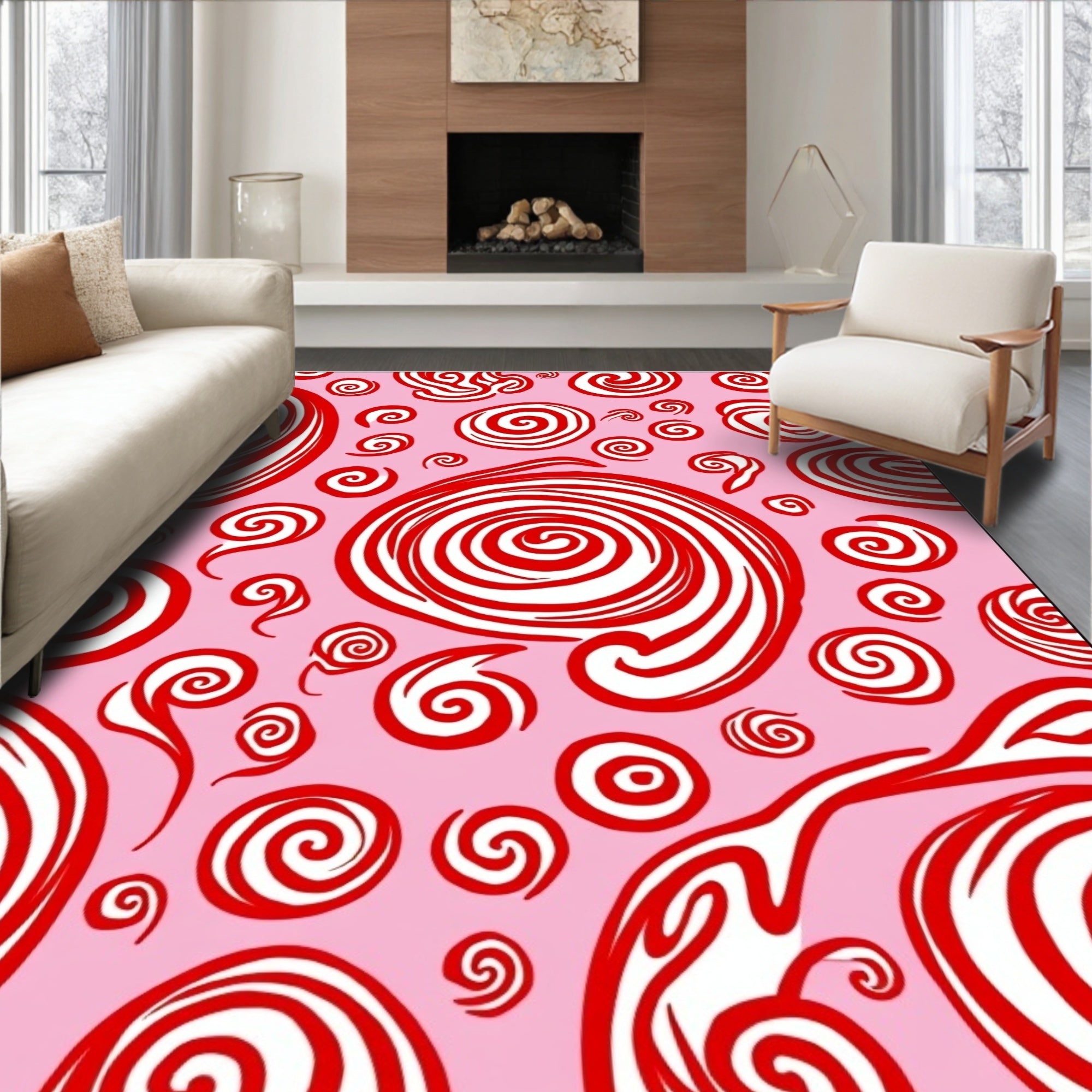 Whimsical Red Swirls Pink Background Rug