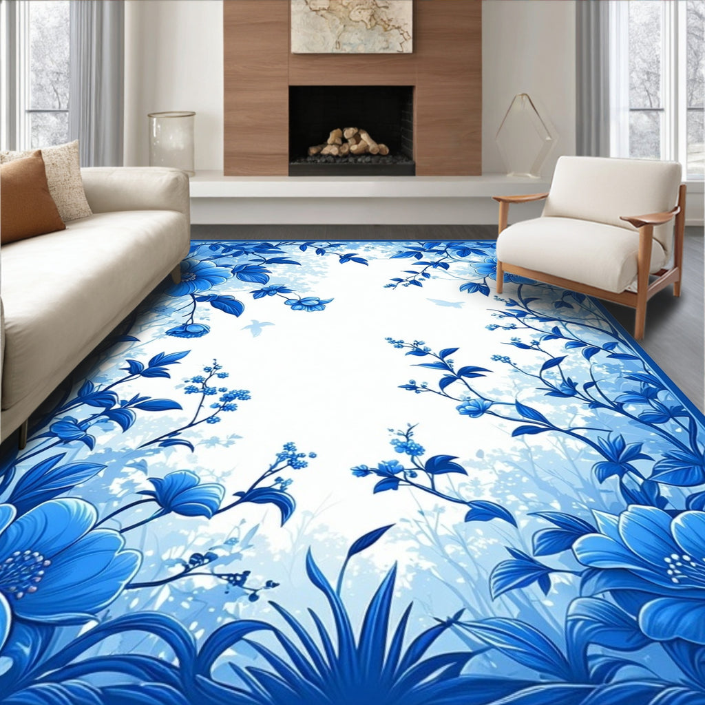 Classic Blue Floral Garden Pattern Rug