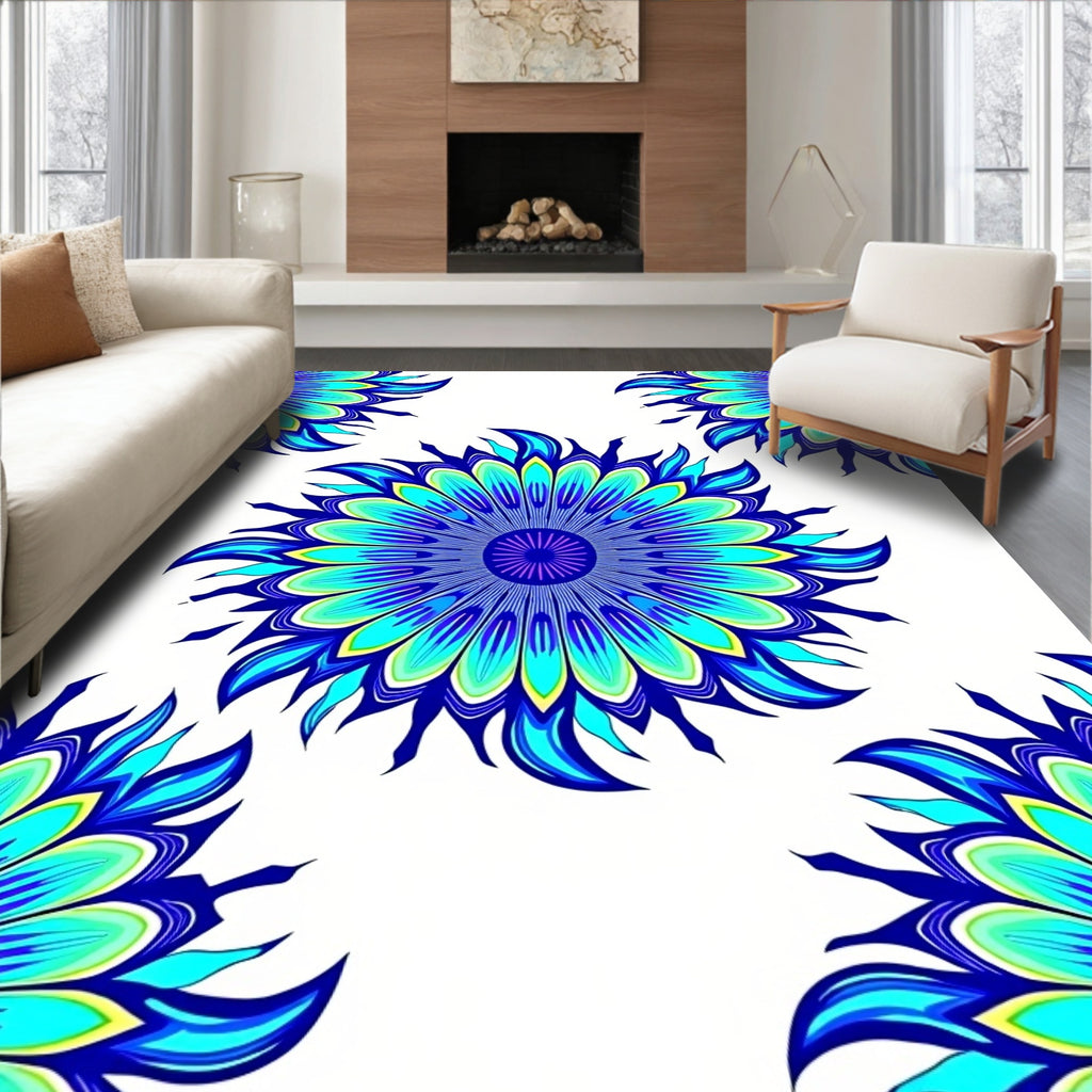 Mandala Blue Cyan Floral Pattern Rug