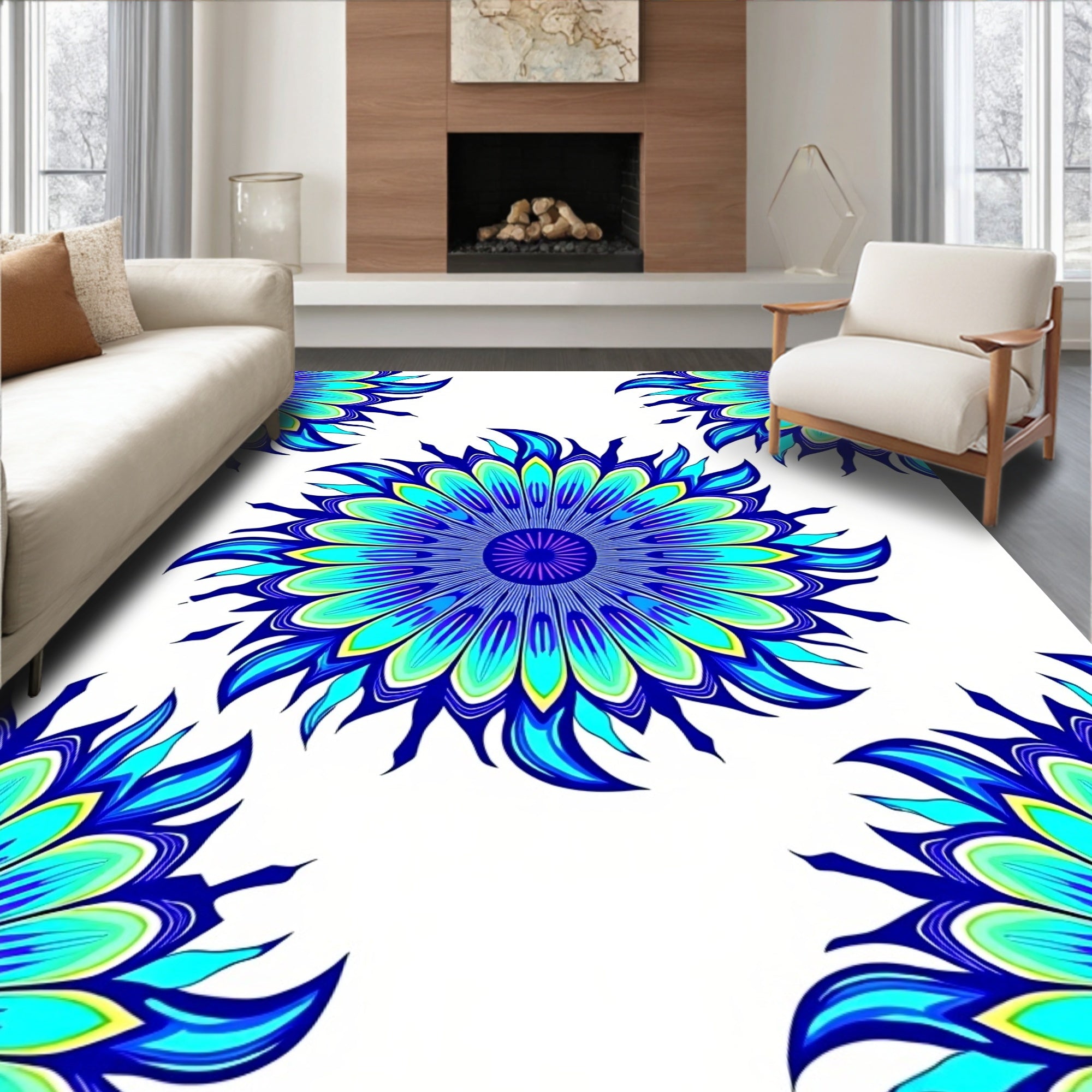 Mandala Blue Cyan Floral Pattern Rug