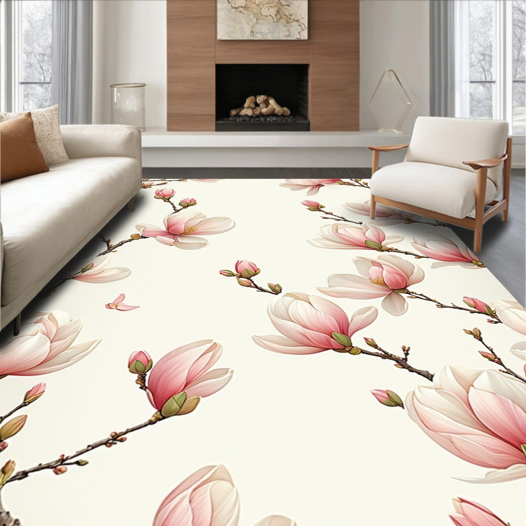 Delicate Pink Magnolia Blossom Pattern Rug