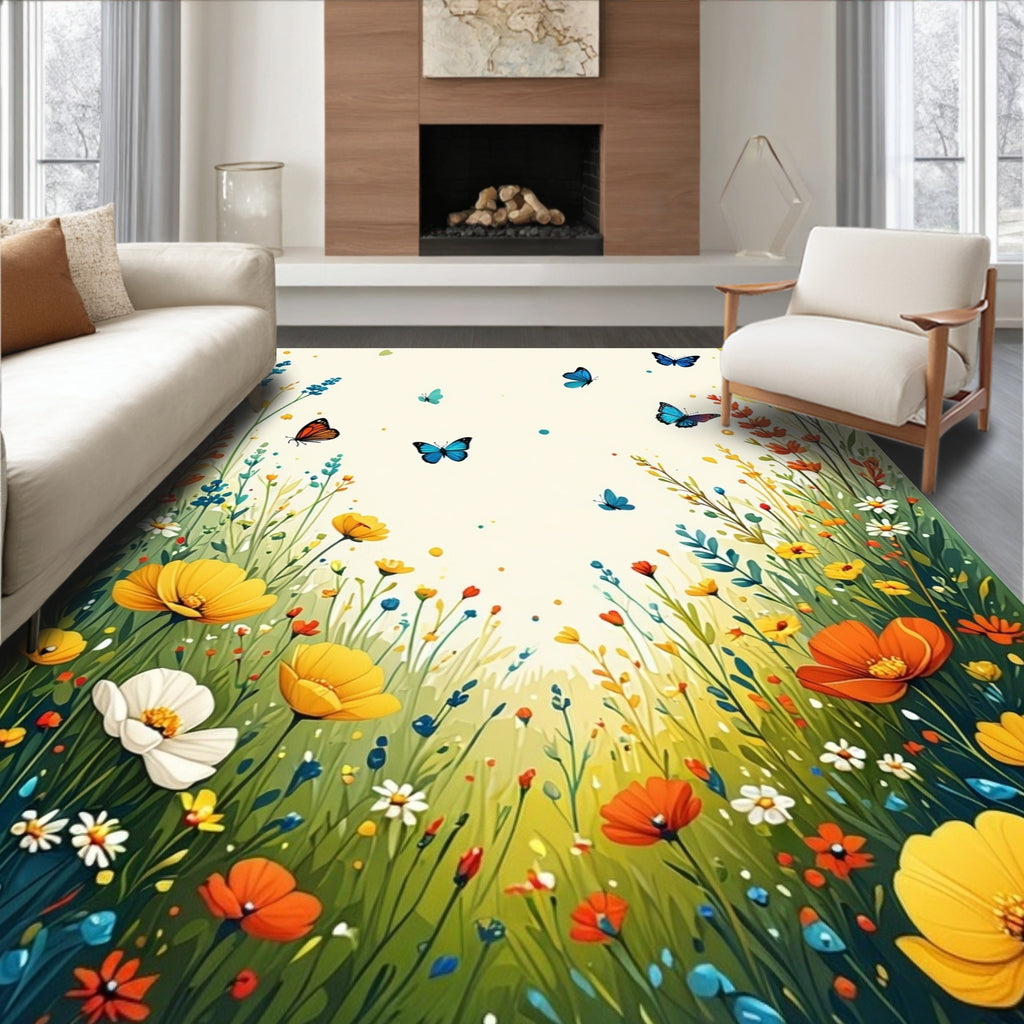 Whimsical Meadow Butterflies Flowers Rug