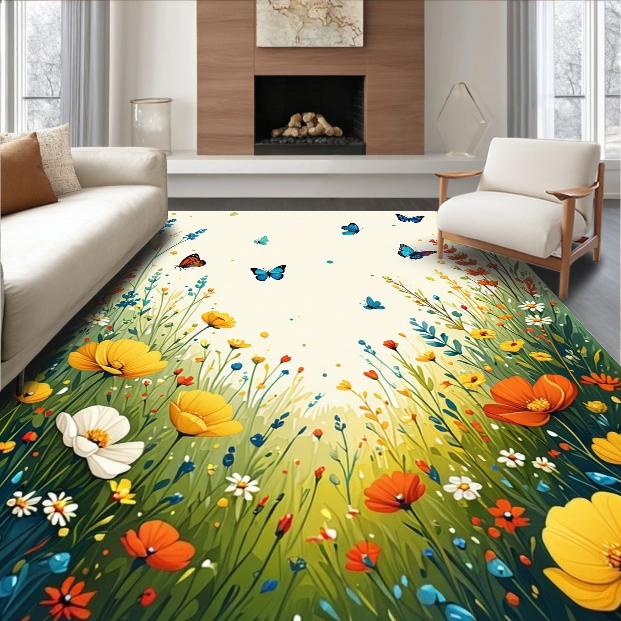 Whimsical Meadow Butterflies Flowers Rug