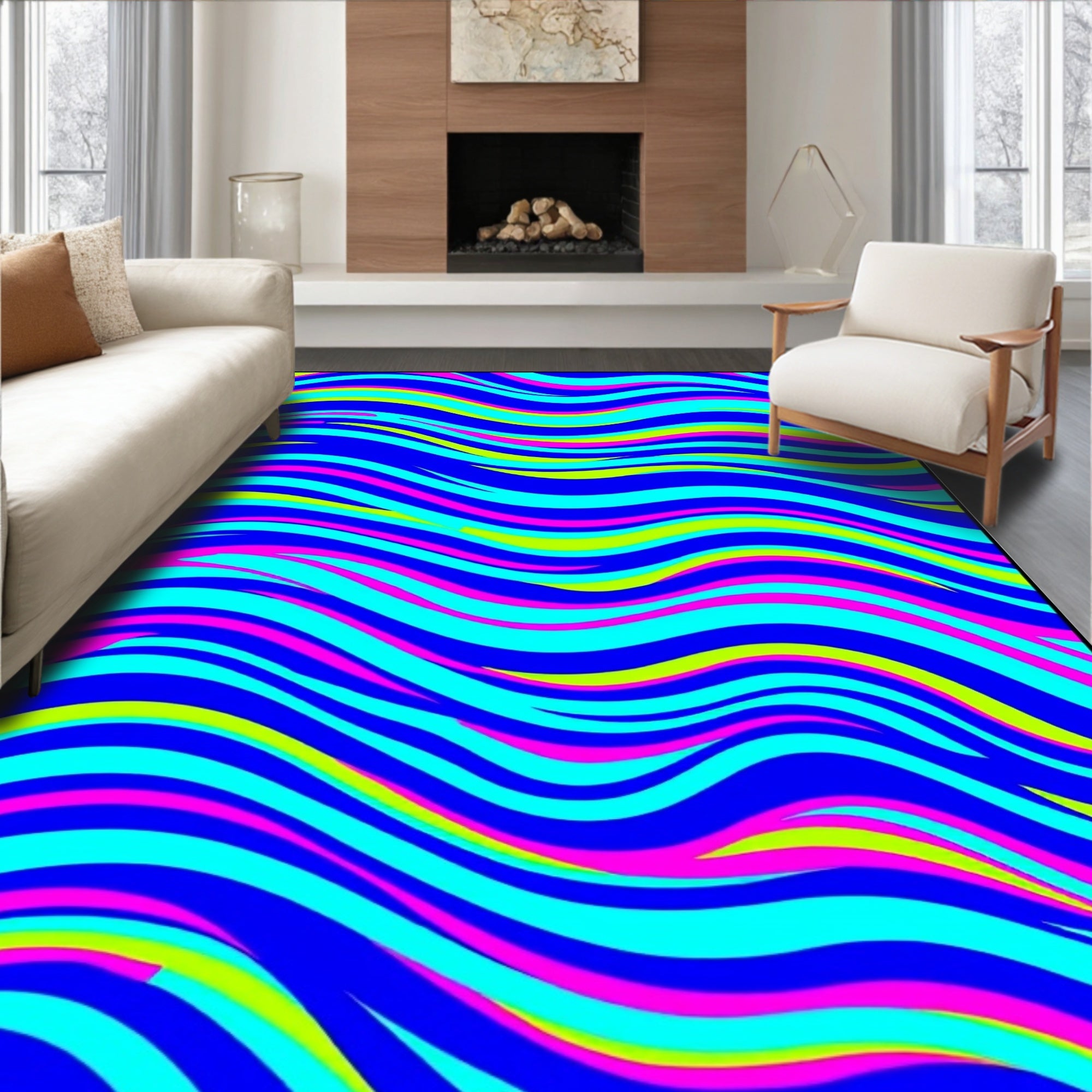 Vibrant 3-Color Wavy Stripes Design Rug
