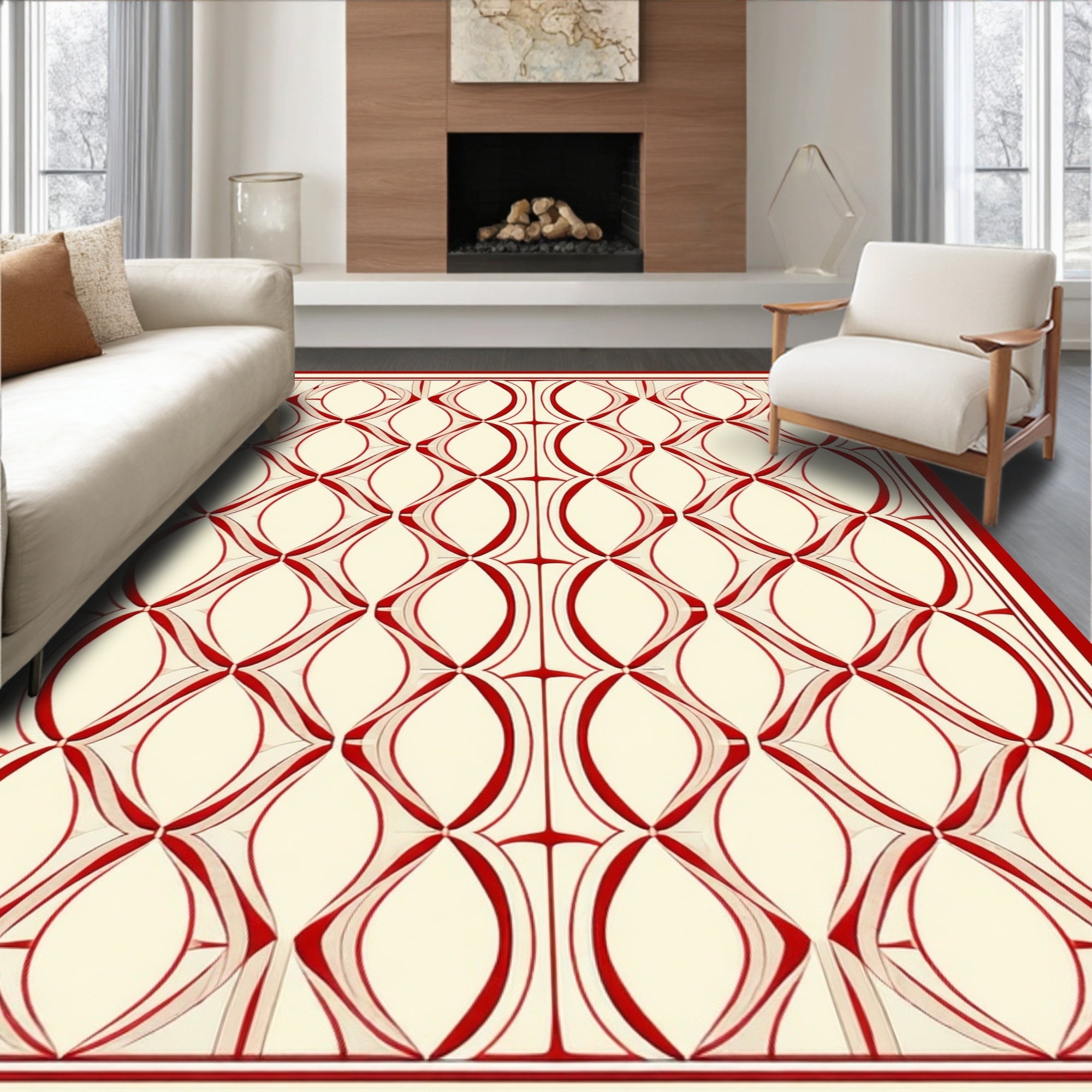 Red Oval Geometric Patterned Rug